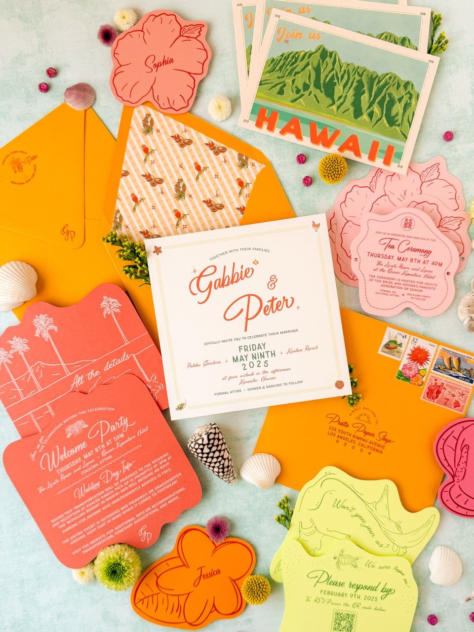 Retro Hawaiian colorful wedding invitation suite