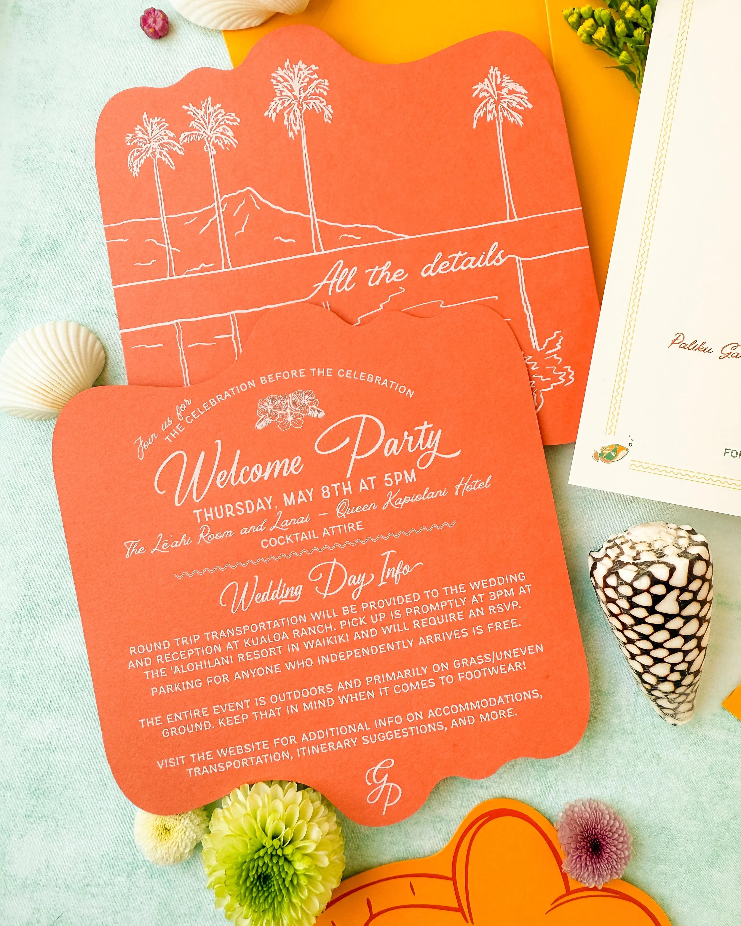 Retro Hawaiian colorful wedding invitation suite die welcome party card coral