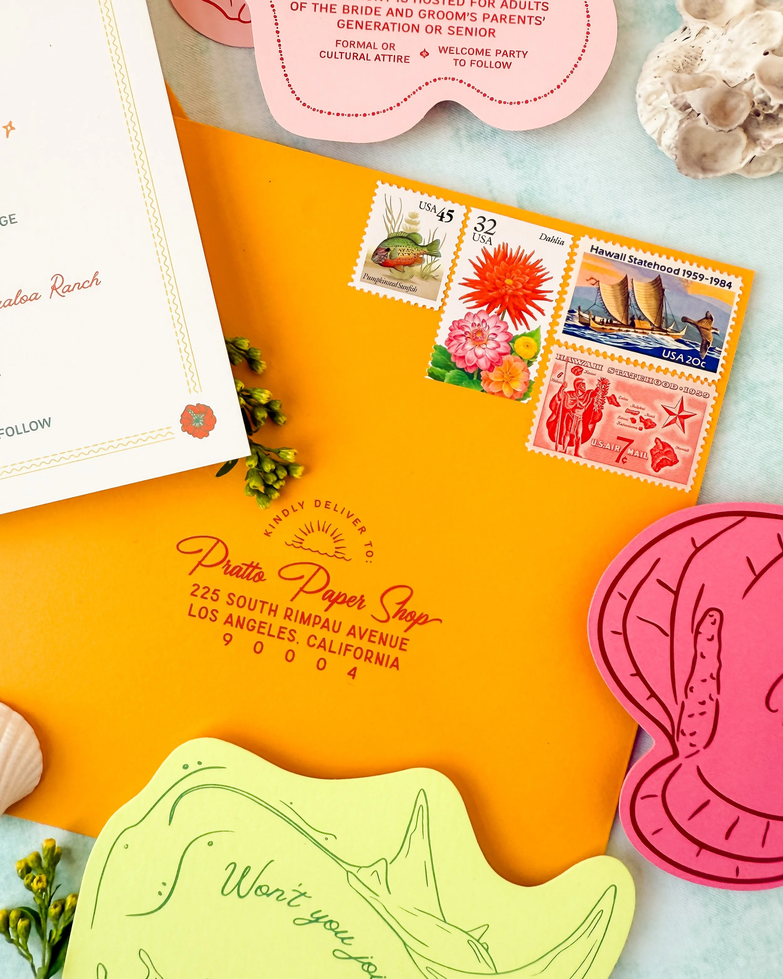 Retro Hawaiian colorful wedding invitation suite envelope vintage postage