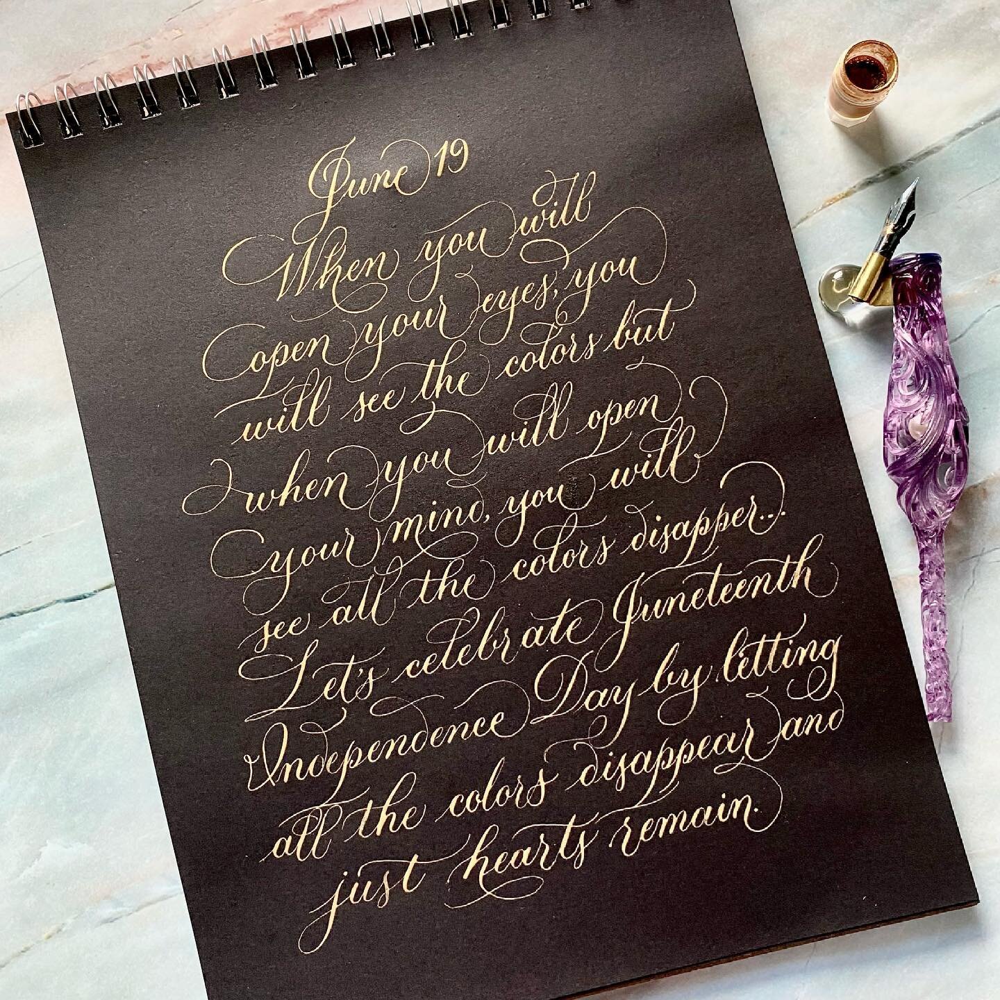 Happy Juneteenth💕 Let just hearts remain 💙❤️💜🖤💛💚🧡🤎🤍 
.
#drphmartinsgoldink #blackcardstock #obliqueholder from @thepostmansknock and #brauseef66 nib 
. 
#calligraphy #calligraphyart #calligraphy_daily #moderncalligraphy #moderncalligraphypra
