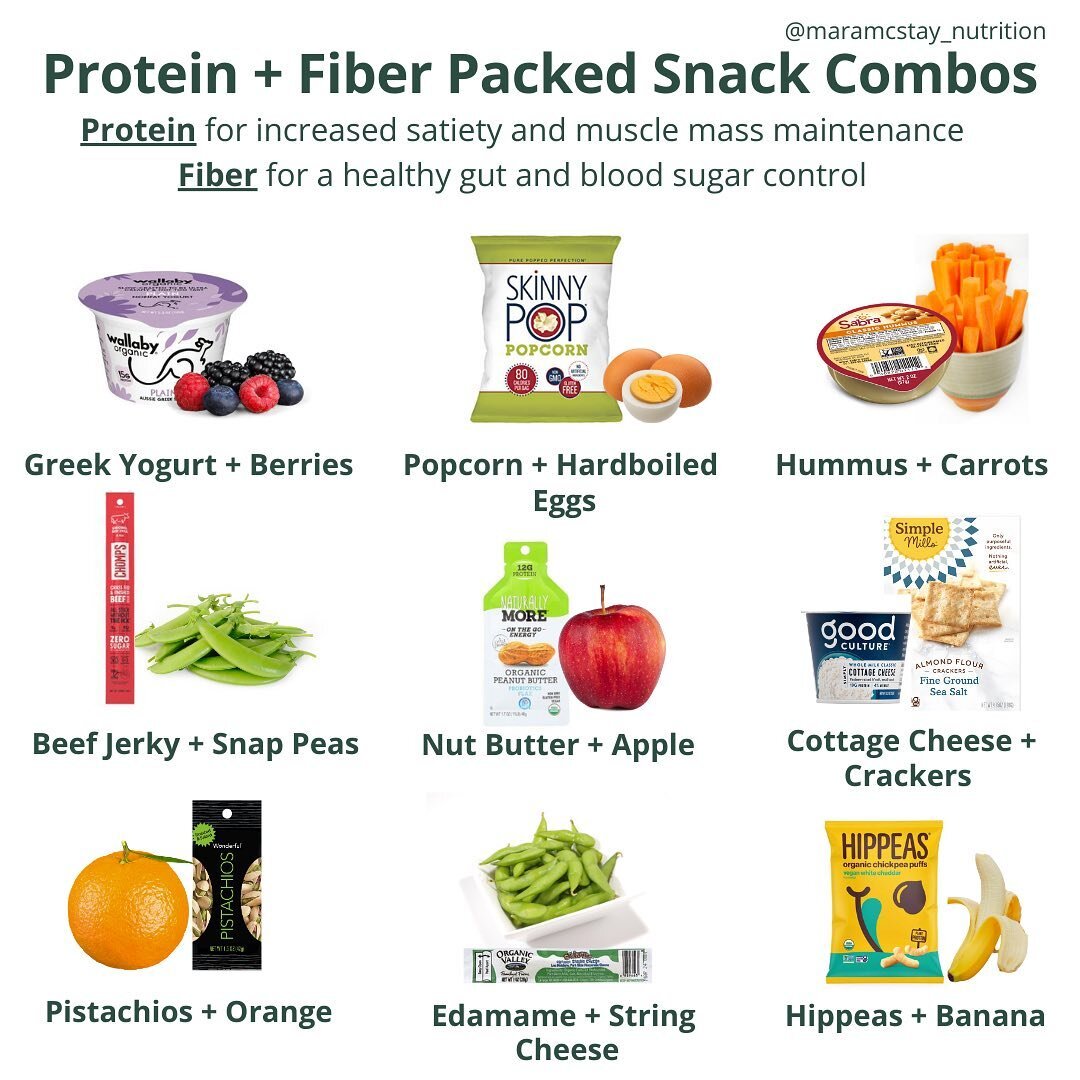 Snack combinations that leave you feeling full, energized and healthy! I love this quick tool to ensure you're choosing a balanced snack - always pair protein with fiber. Here are a few of my favorite combos!

#highproteinsnacks #highfiber #glutenfre