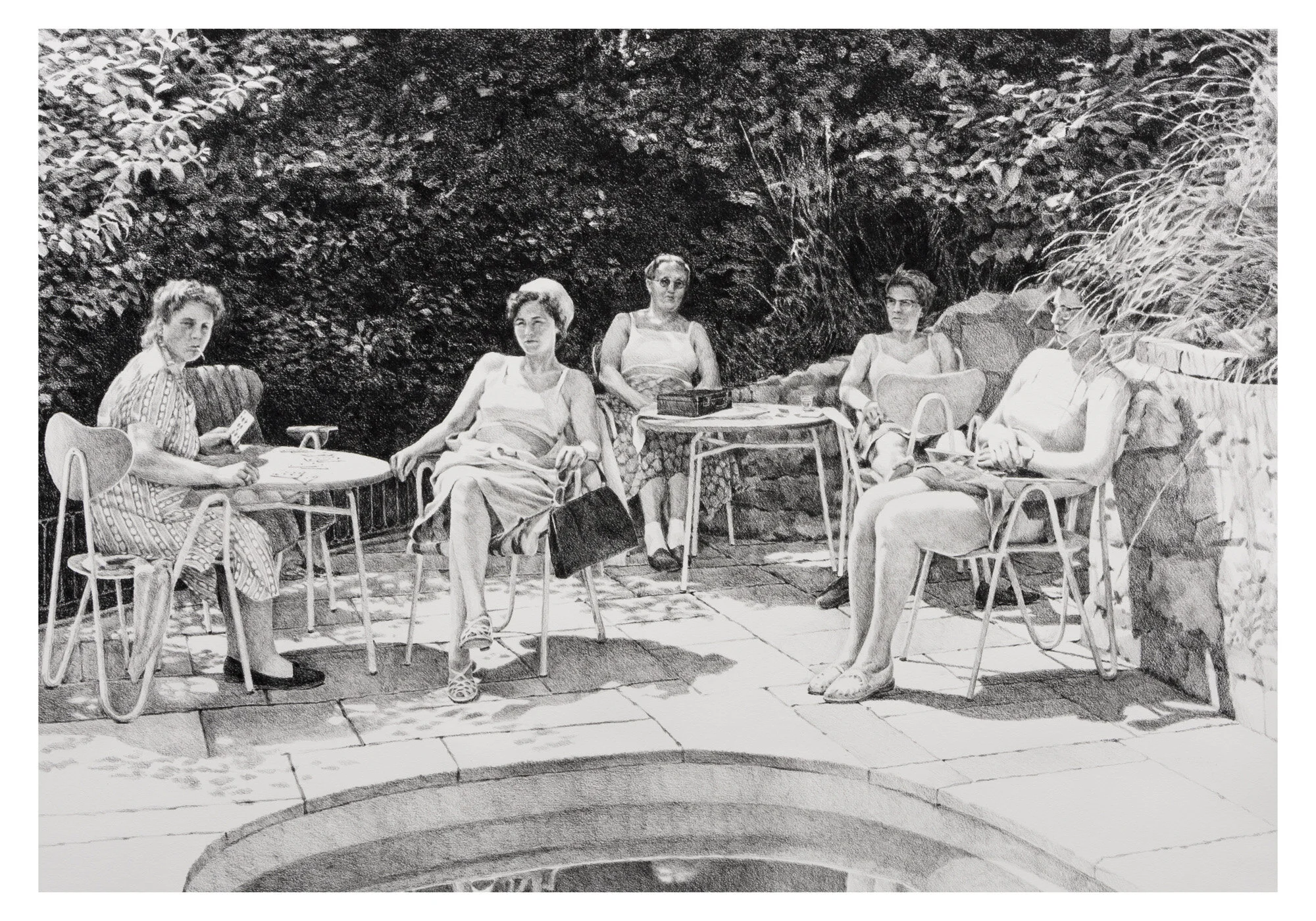 Cards, Poolside, 2017
charcoal on paper   35 x 45"