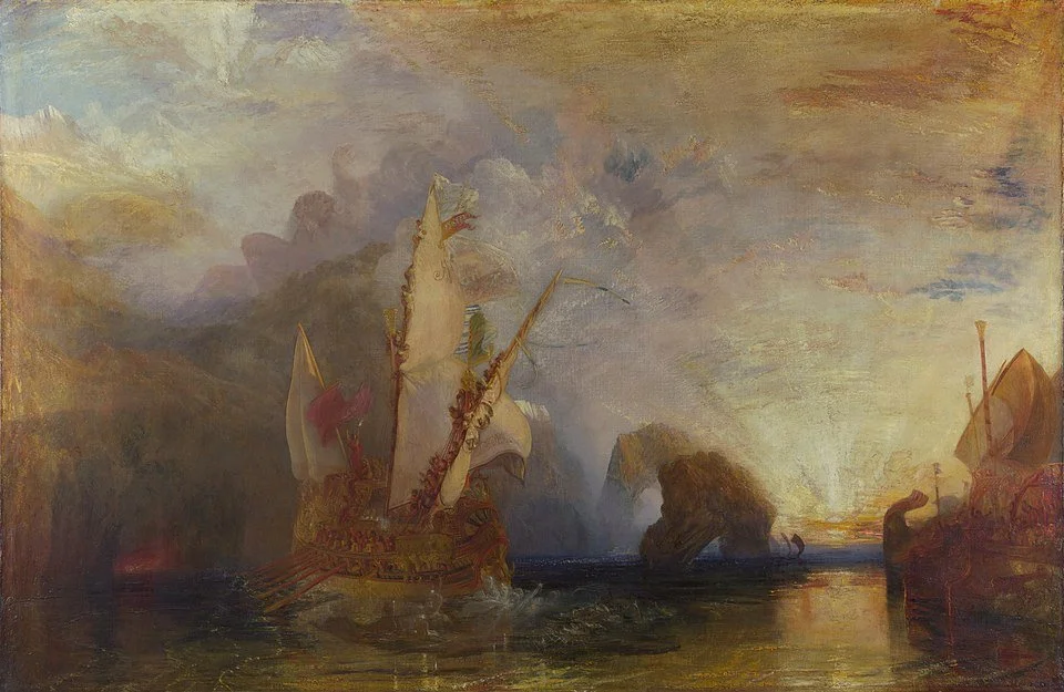 A painting by JMW Turner depicting Ulysses escaping from the Cyclops Polyphemus with a sailing ship at sunset, with dramatic sky and clouds in the background, and the water reflecting the sky's colors.