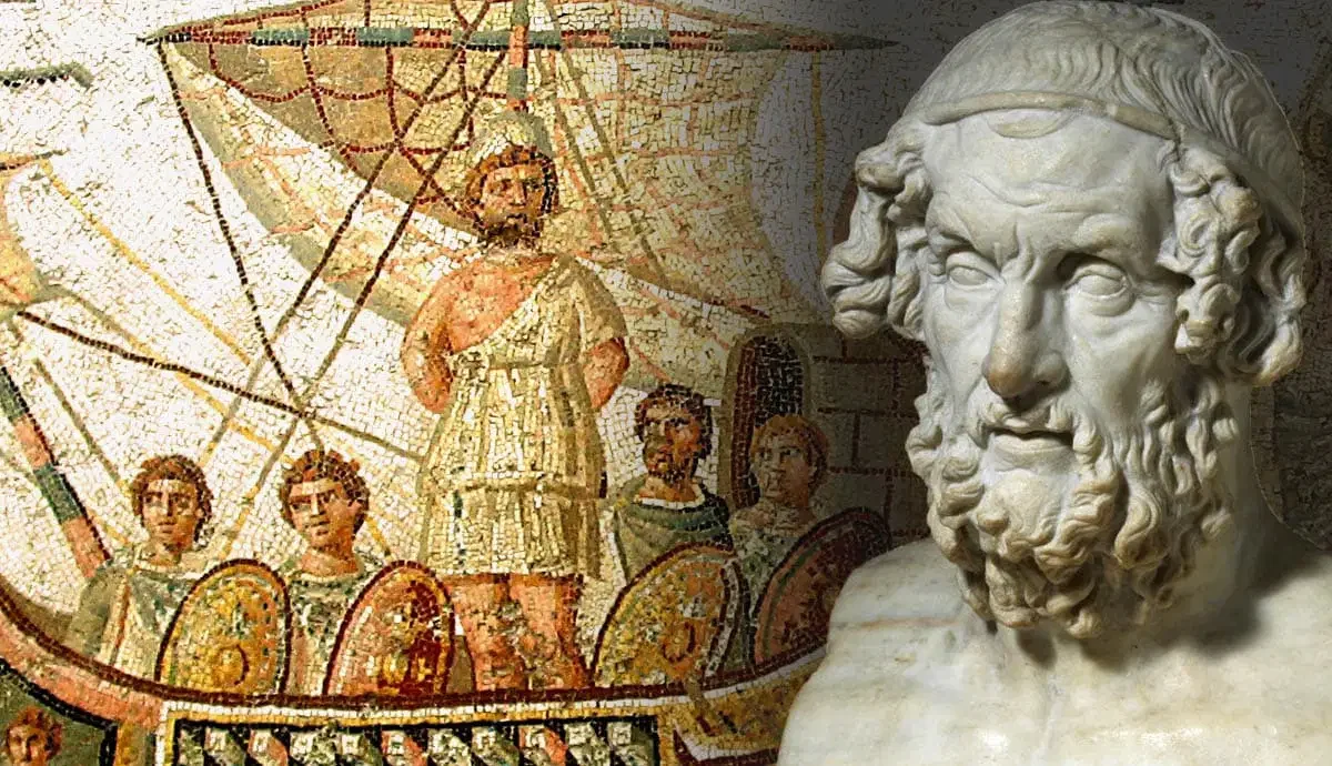 A composite image of a bust of Homer next to a mosaic of Ulysses tied to the mast