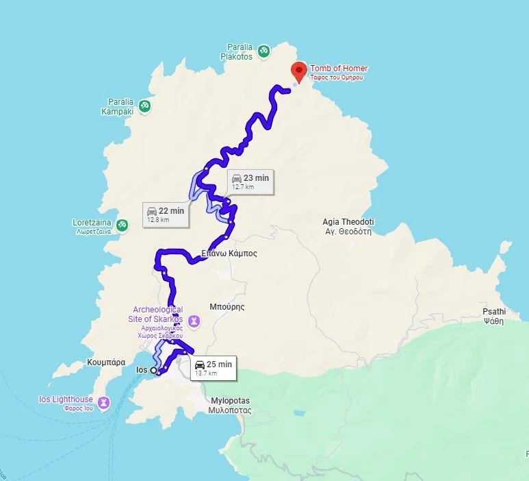 Map of a route on an island, with the destination marked as Tomb of Homer, showing travel times and distances for driving.
