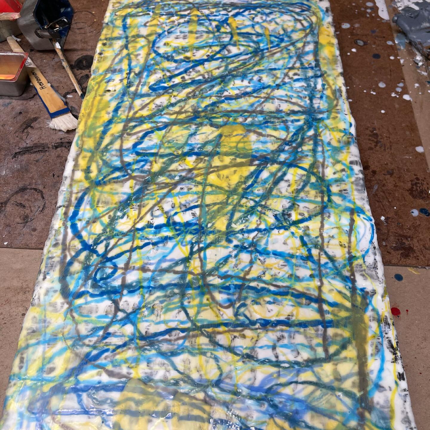 Had a big dose of crazy brain today; couldn&rsquo;t focus, just wanted to make a big mess. I let it rip. After several passes in the crazy zone adding layers and layers,and making big marks, I quieted down and began the reveal. Light touch scraping l