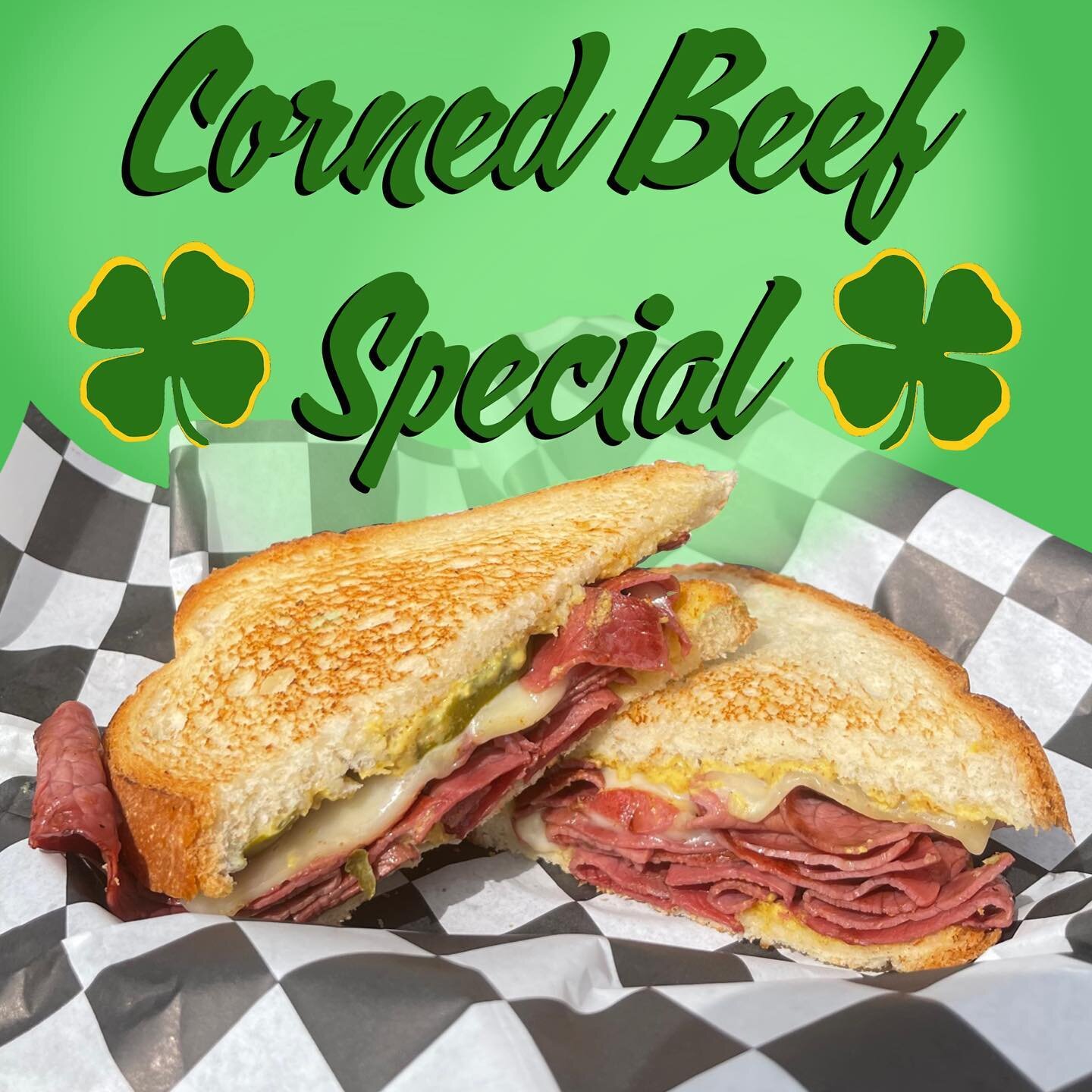 ☘️🌈 Wanna get lucky?? 🌈☘️Come try our corned beef special! Pile of corned beef with melty provolone, pickles, and spicy mustard grilled on white bread. 🤤