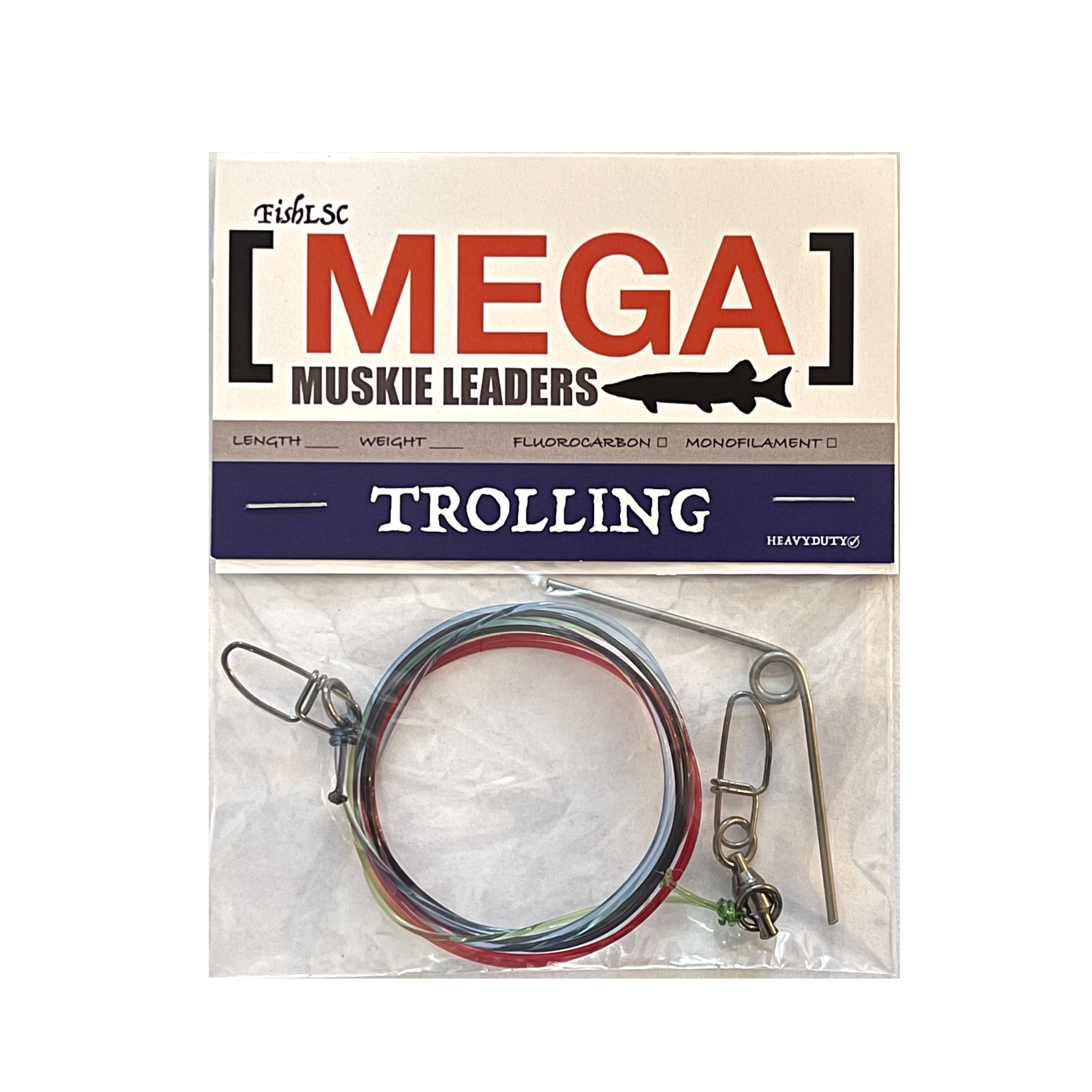 5ft 100# AFW Camo Monofilament Trolling Leader with Stainless Weed Guard —  Premium Muskie Fishing Leaders