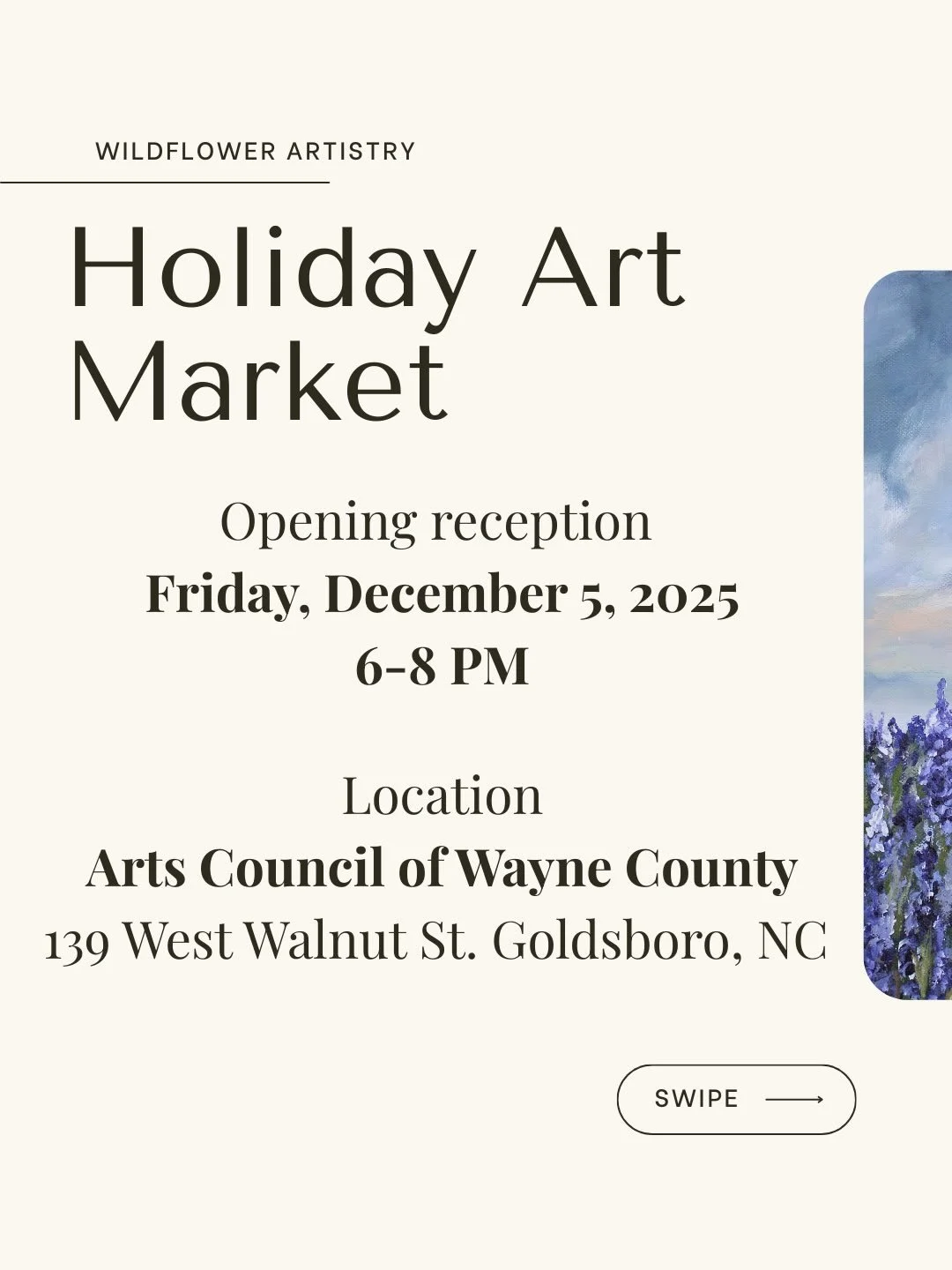 🎄I&rsquo;m so excited for the Holiday Art Market at @artsinwayne!

🗓️ Mark your calendars for Friday, December 5 from 6-8 PM for the opening reception! You&rsquo;ll get to see the market and meet the artists! 

🎅 The market will remain open until 