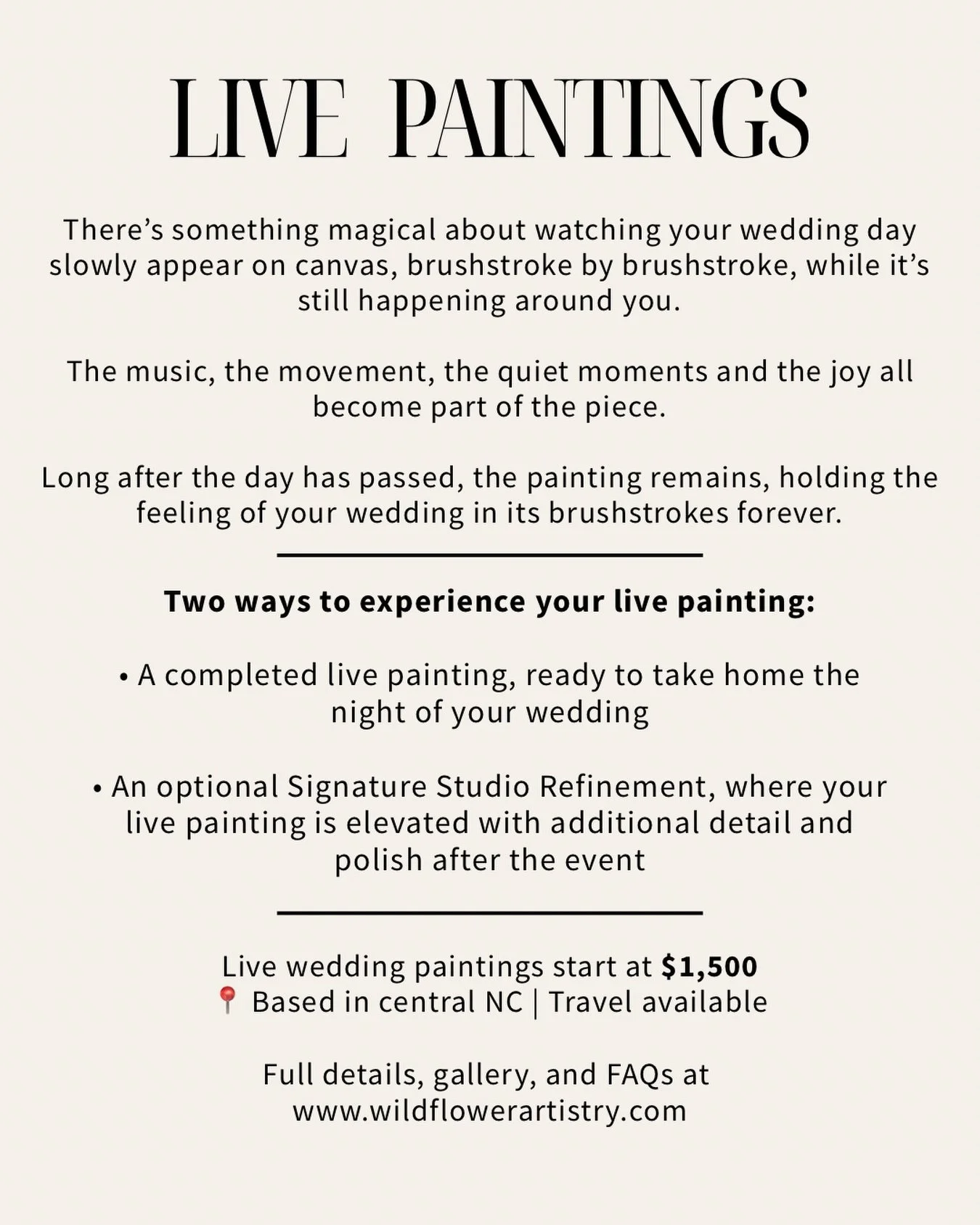 ✨New offering ✨

Your wedding day doesn&rsquo;t end when the night is over, and now, your painting doesn&rsquo;t have to either. 🤍

I&rsquo;m thrilled to introduce my Signature Studio Refinement, an optional upgrade that allows your live wedding pai