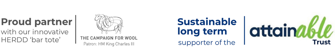 A banner with logos and text promoting sustainable wool and a partnership with Attainable Trust, featuring a sheep drawing and the campaign for wool logo.