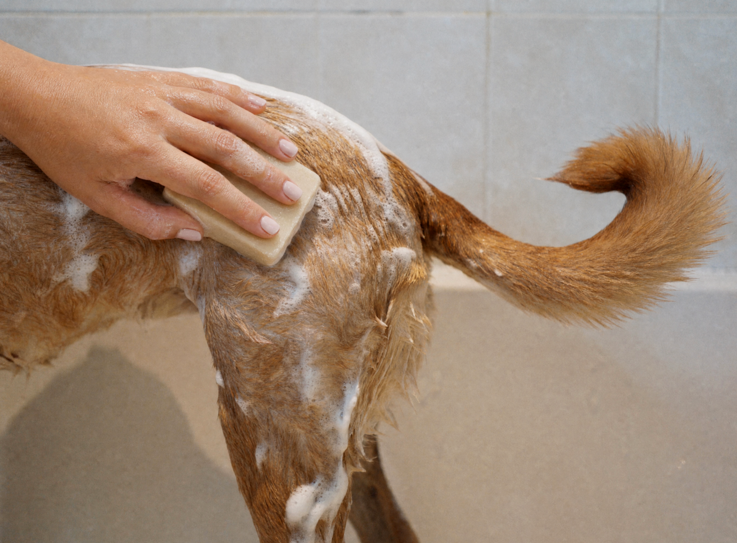 A person washing a brown and white dog with a bar of soap and lather in a shower or bathtub.
