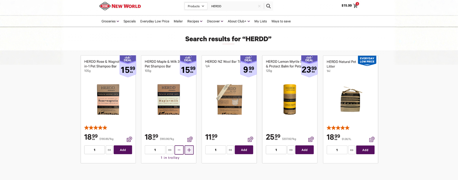 Search results page on New World website for 'HERDD', showing various herbal and pet care products with prices, including shampoo bars, pet shampoos, and natural pet litter.