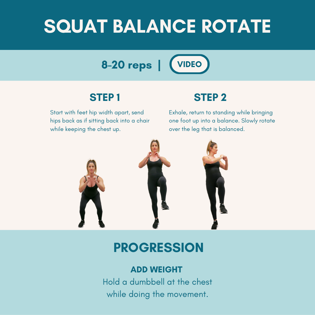 Instructional guide for "Squat Balance Rotate" exercise, showing two steps: Step 1 involves squatting with feet hip-width apart, and Step 2 involves standing with one foot up and rotating. The progression tip suggests adding weight with a dumbbell at the chest.
