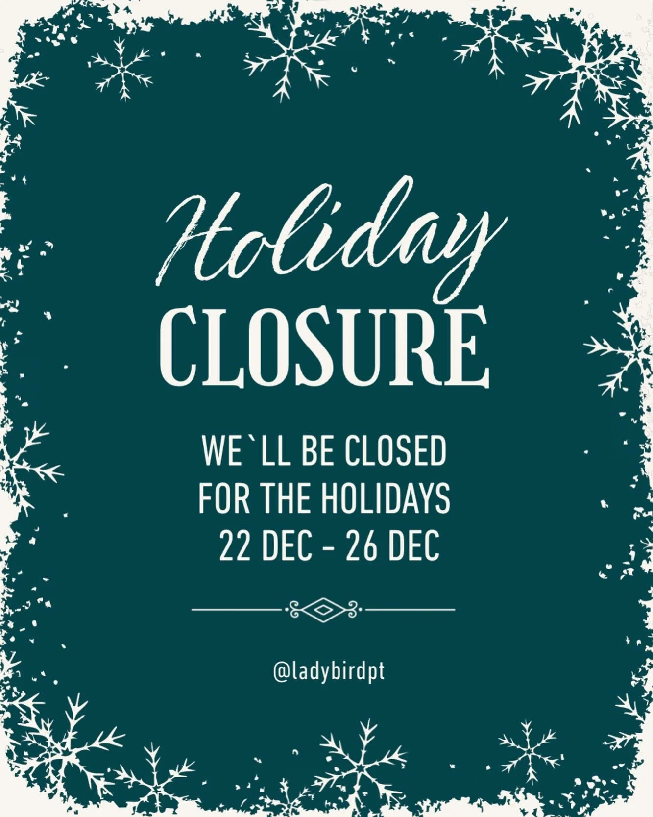 Today is our last day open prior to our holiday closure! We&rsquo;ll be closed the full week of Christmas to spend time with our loved ones and will be back on Monday the 28th!

Please contact your referring provider with any urgent needs - we will b