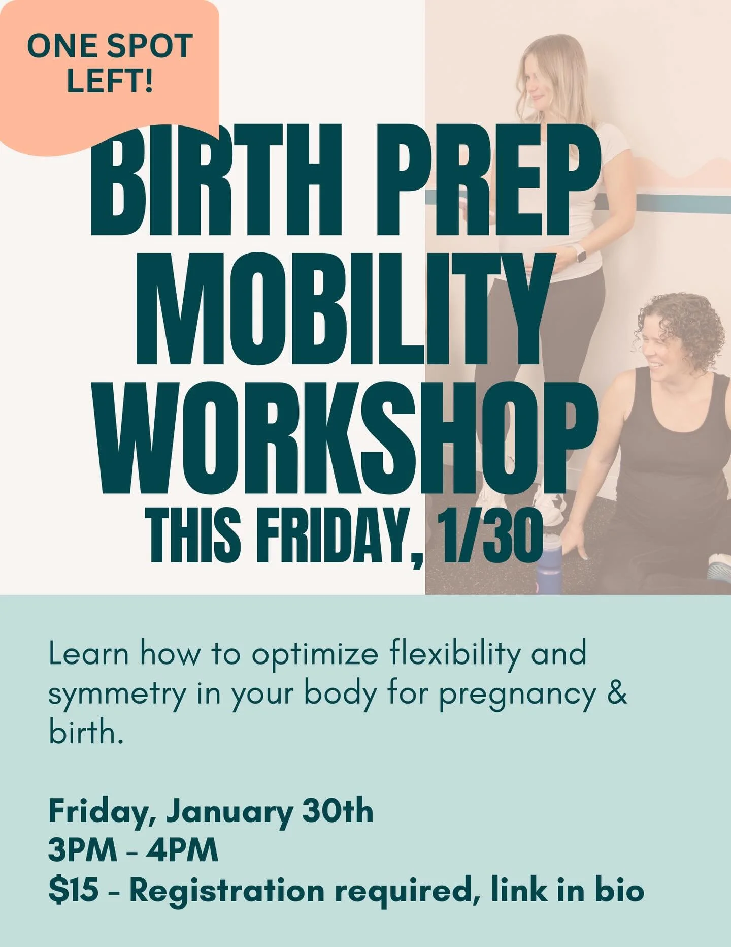 There&rsquo;s one spot left for Friday&rsquo;s Birth Prep Mobility Workshop! Join Lady Bird&rsquo;s Clinic Director @jessicachastka_dpt for this hour-long workshop designed to help you optimize flexibility and symmetry in preparation for birth.

No e