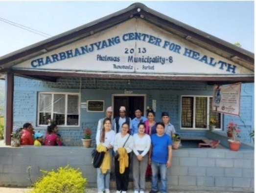  Welcome at Char Bhanjyang Centre for Health (Swinfen House)  Health professionals from Nuwakot and Dhading district Public Health Post team  (Dr Roshani Lama, Sister Sunita Thoker, Sister Sita Tamang and Nurse Min Bdr Tamang) 