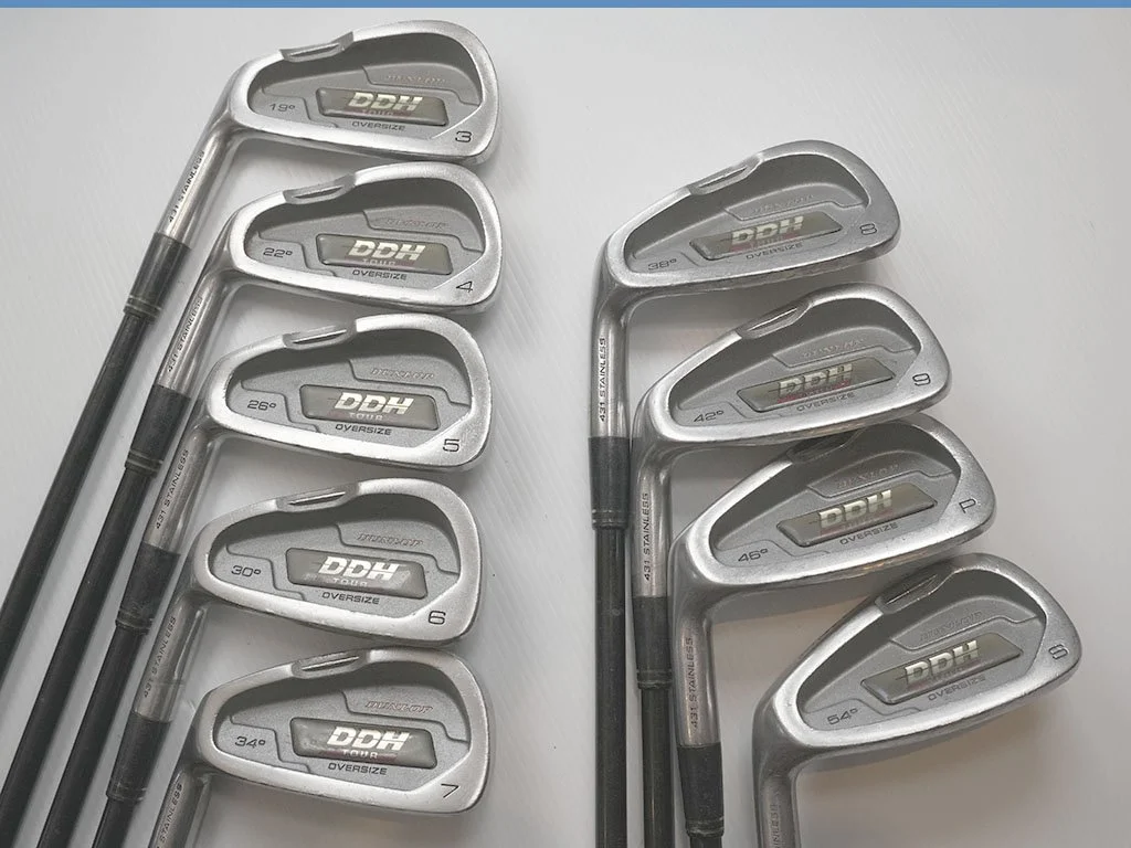 Good condition DUNLOP DDH Tour “Oversize” LH irons 3-SW w. Regular graphite shafts +0.25in