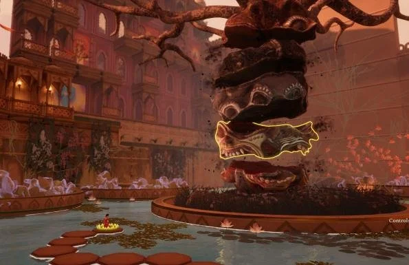 An in-game screenshot of Raji: An Ancient Epic. The character kneels at the feet of an enormous tree, which is a puzzle in the game.