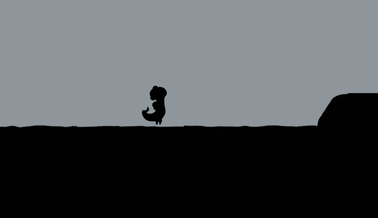A gif following a small woman as she moves across a barren world. She jumps across ditches and cliffs and even stops by some flowers.
