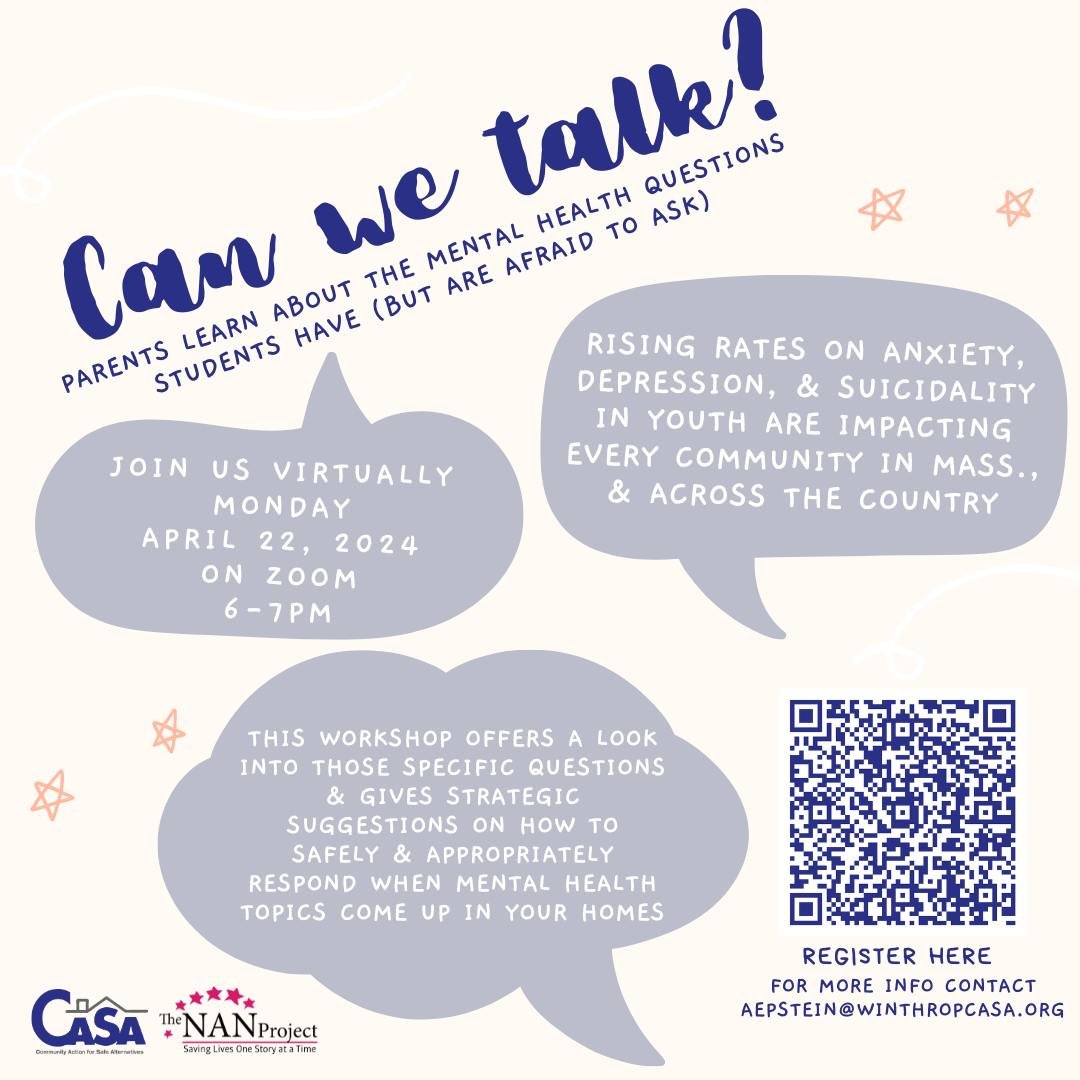 📣 Join us virtually, Monday, April 22, 2024 for: Can we talk? Parents learn about the mental health questions students have (but are afraid to ask)