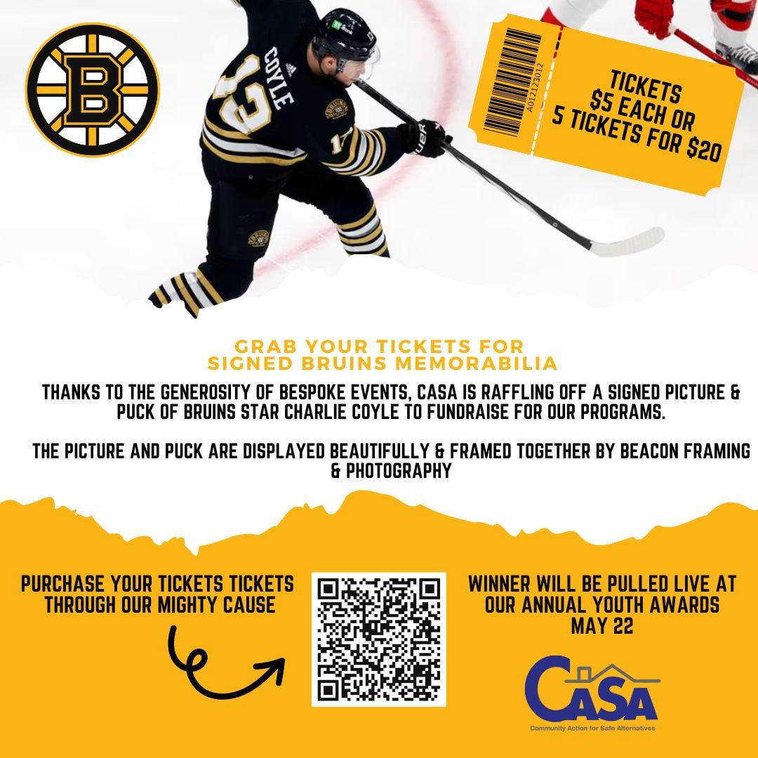 Thanks to the generosity of Bespoke Events, CASA is raffling off a signed picture &amp; puck of Bruins star Charlie Coyle to fundraise for our programs!!
