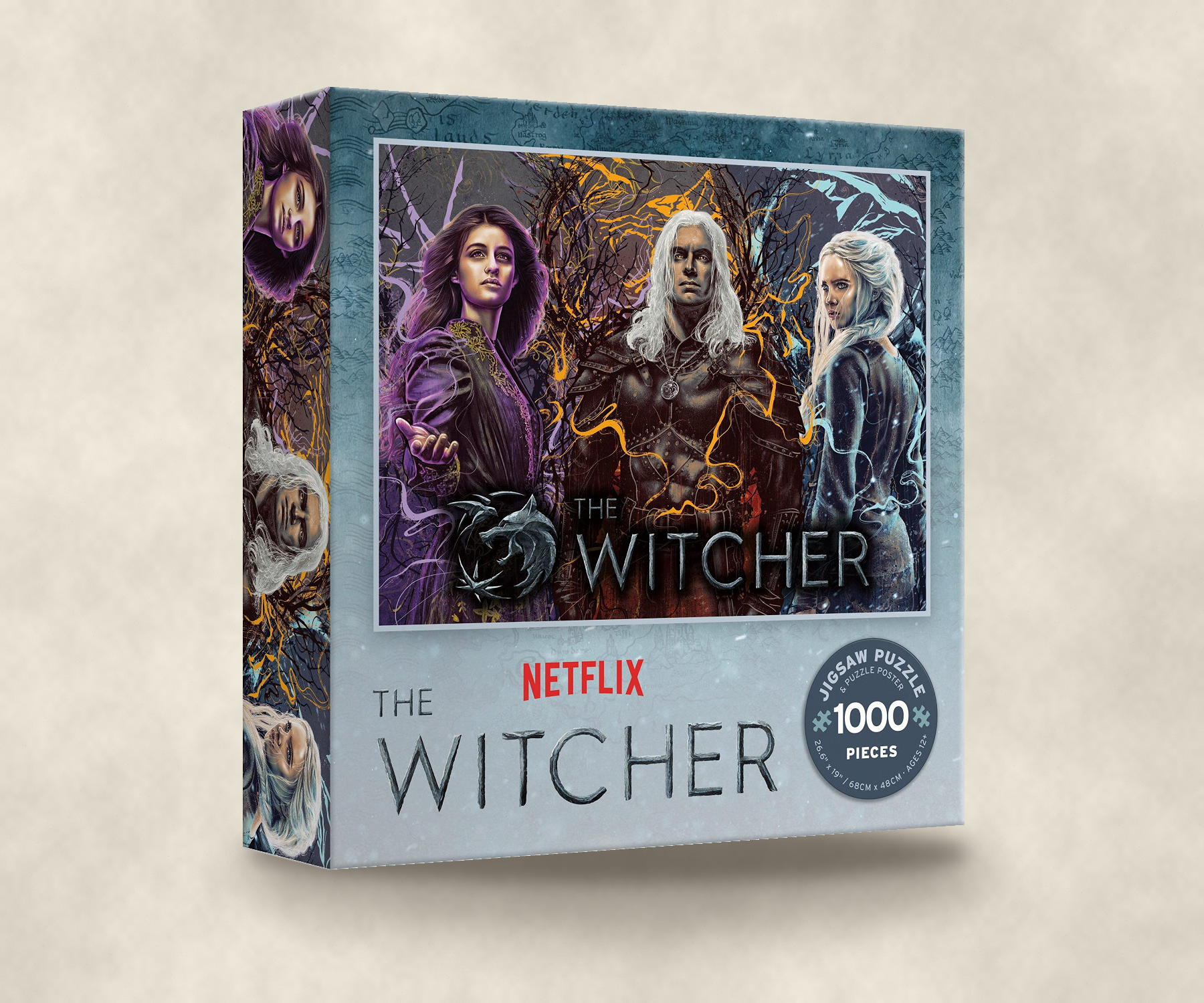 The Witcher puzzle packaging shown as a three-dimensional box on a stone surface