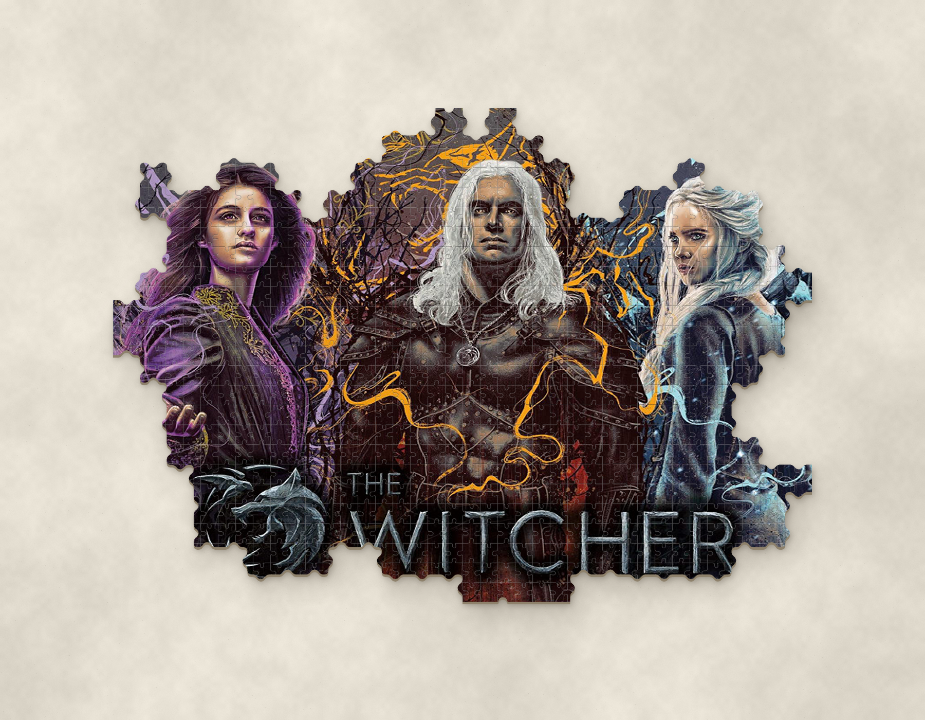 The Witcher puzzle artwork assembled in an organic cluster with exposed puzzle-piece edges on a stone surface
