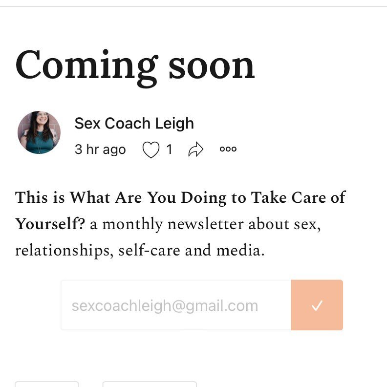 ✨✨✨SUBSCRIPTION TIME ✨✨✨

I am starting a new, free monthly newsletter on&nbsp;Substack, called&nbsp;What Are You Doing to Take Care of Yourself?&nbsp;

It will include things like:

* Sex &amp; relationship advice
* Queer shit
* Self-care tips and p