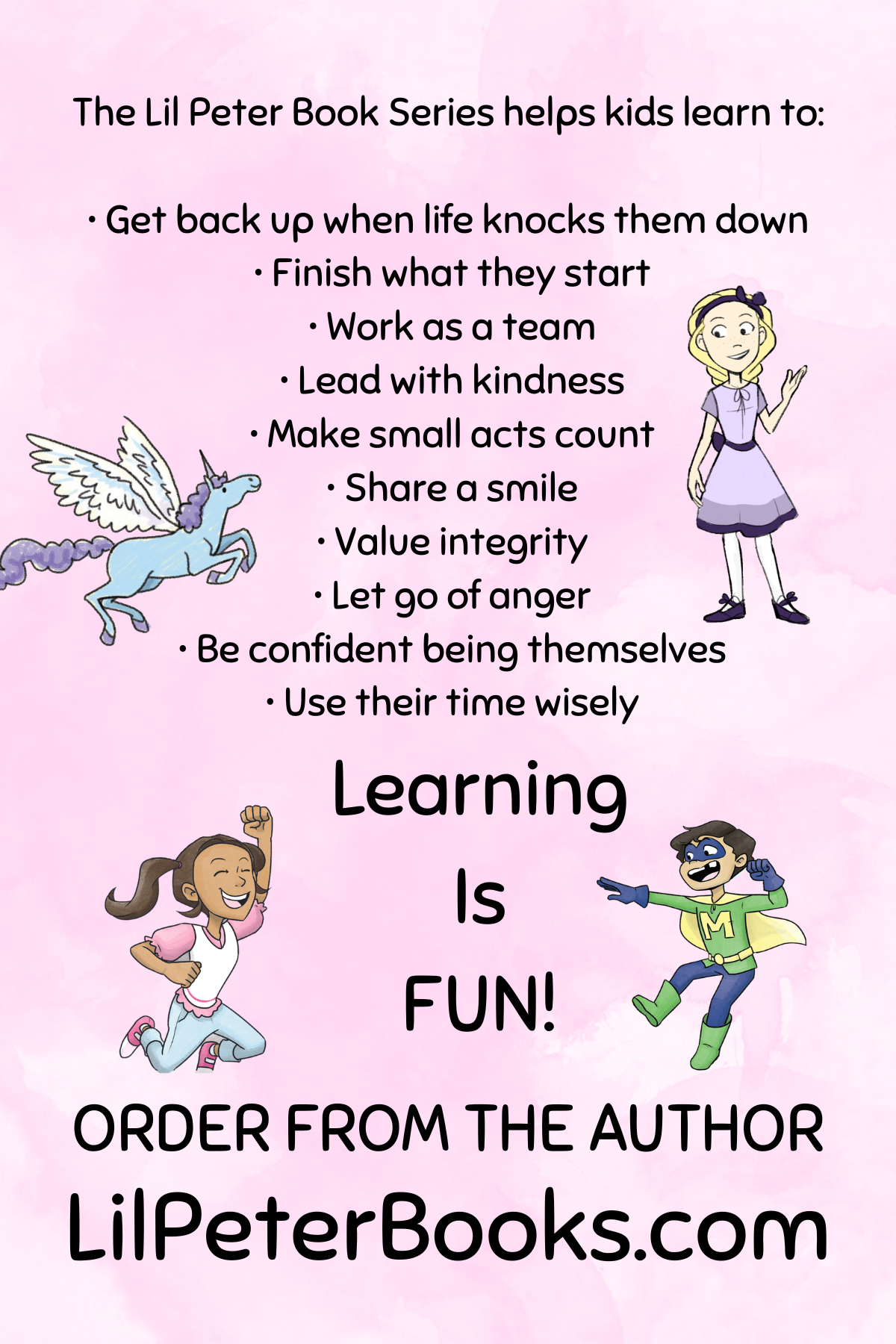 Lil Peter Books poster highlighting lessons in perseverance, teamwork, kindness, integrity, confidence, and responsibility.