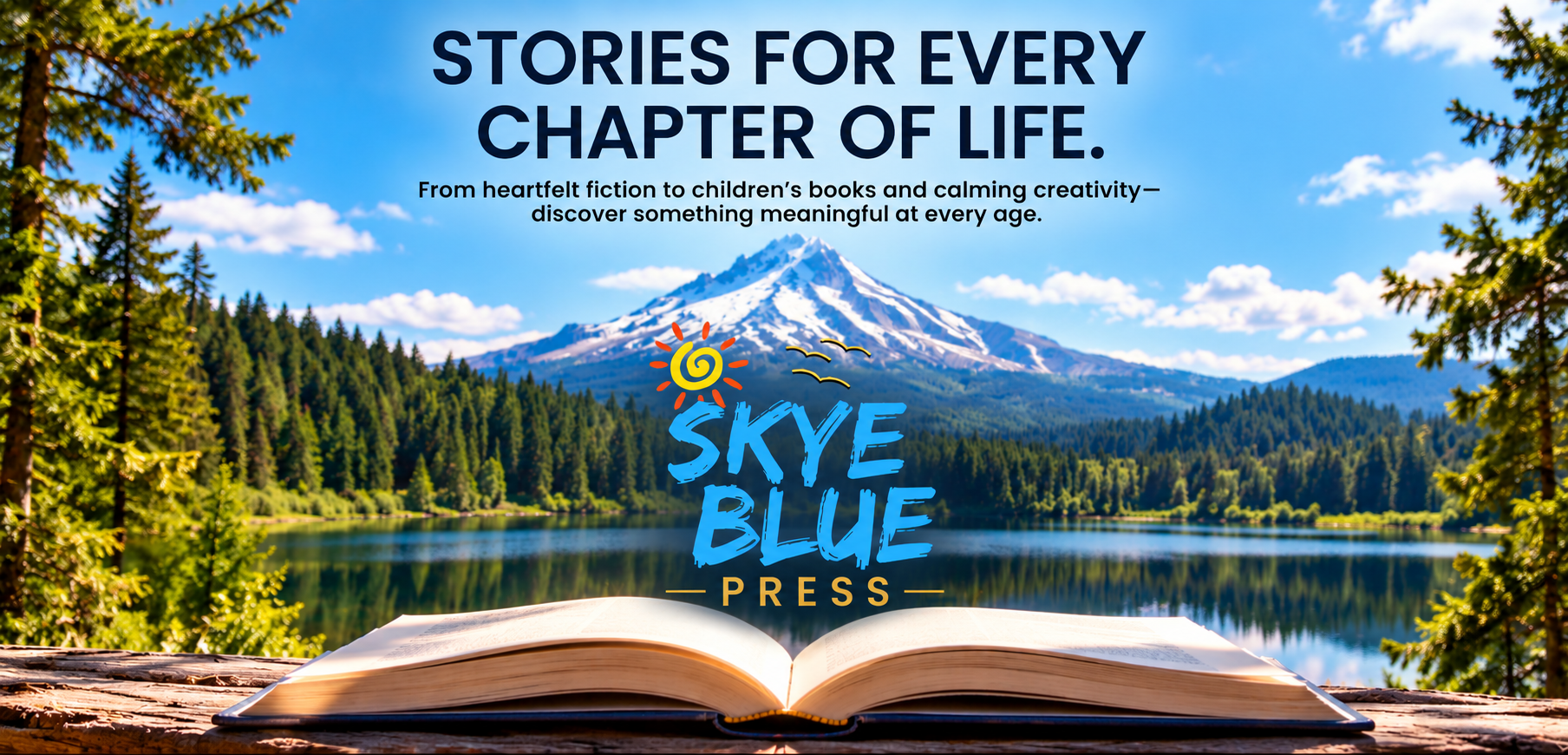 Scenic Skye Blue Press website banner featuring a snow-capped mountain, evergreen forest, reflective blue lake, and an open book, with the Skye Blue Press logo and the message “Stories for Every Chapter of Life.”