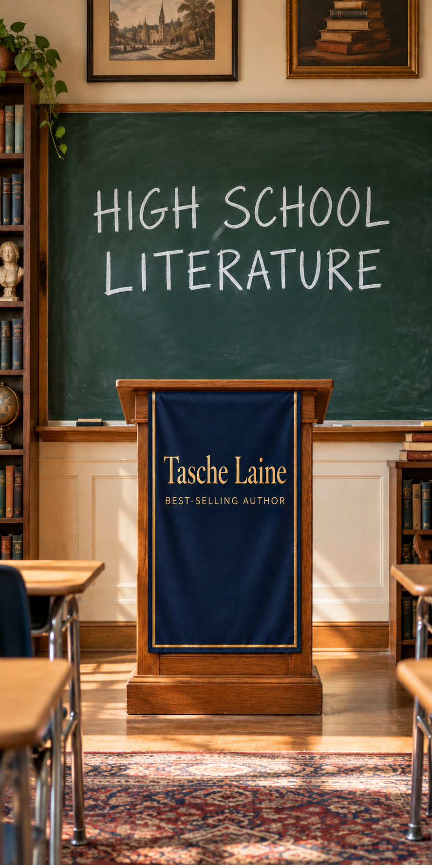 High-school literature classroom with a podium displaying Tasche Laine’s name and bestselling-author designation.