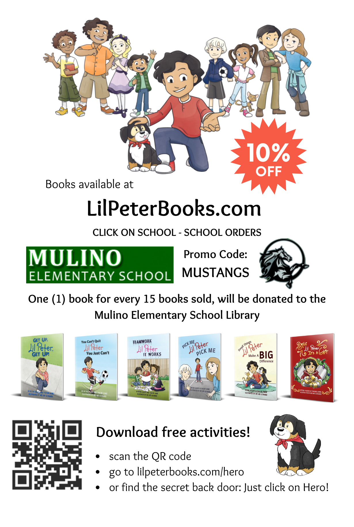 Lil Peter and his dog featured on a colorful Lil Peter book series promotional card for Mulino Mustangs, advertising a special event with 10% off.