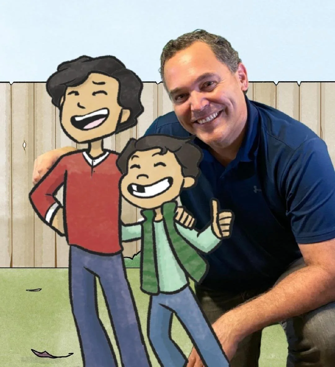 Author Peter Valdez III with the Lil Peter and Lil Marty characters.