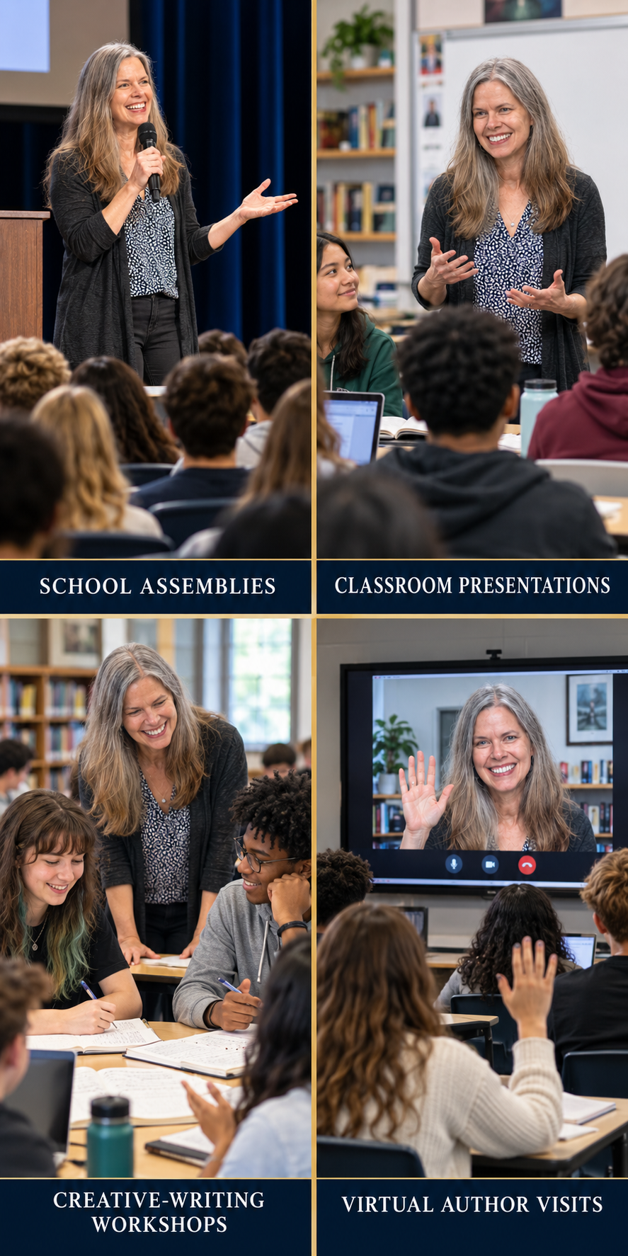 Tasche Laine presenting through school assemblies, classroom presentations, creative-writing workshops, and virtual author visits.