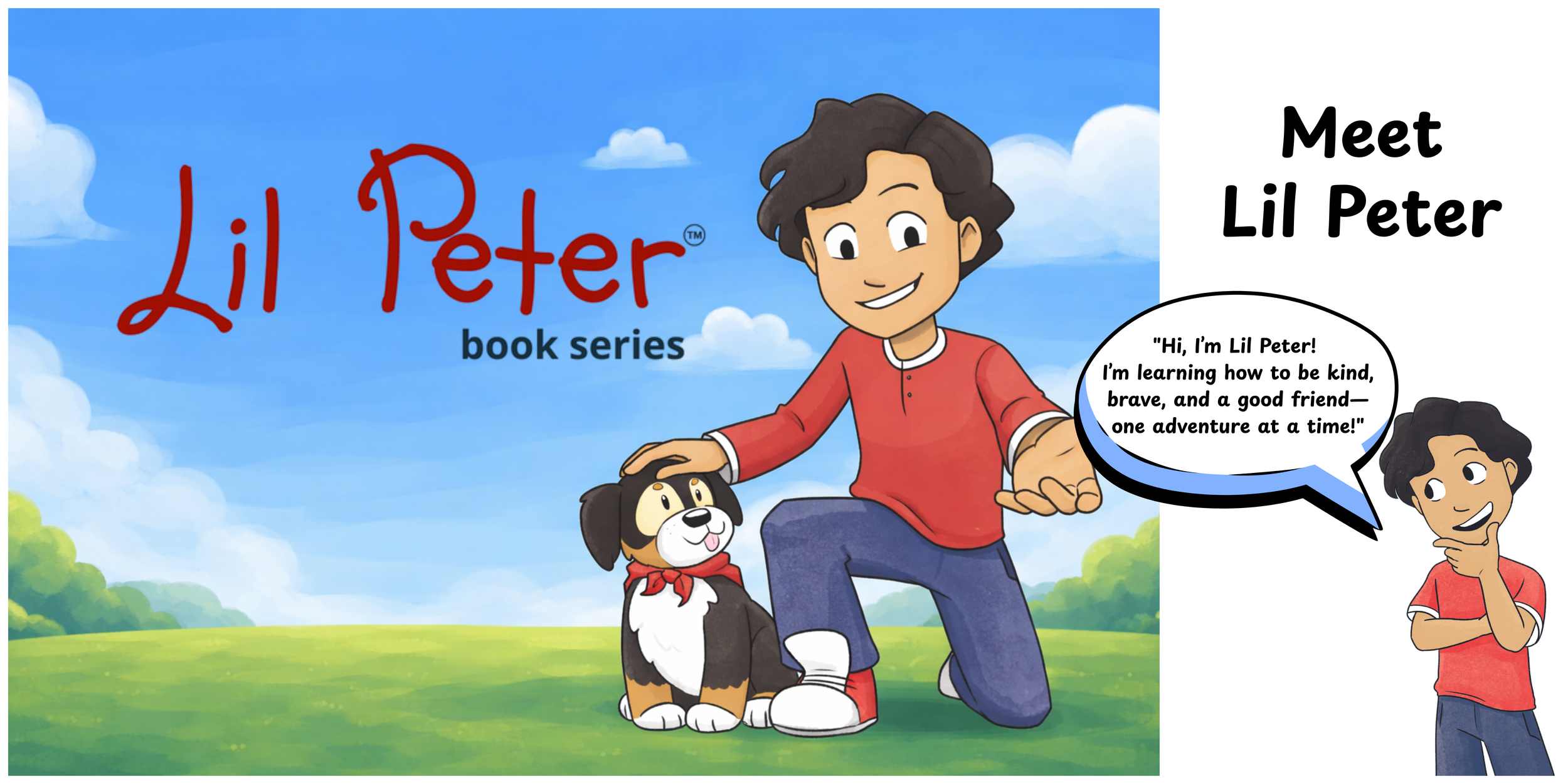 A boy in a red shirt and jeans, kneeling on one knee with his hand atop a black & white puppy.