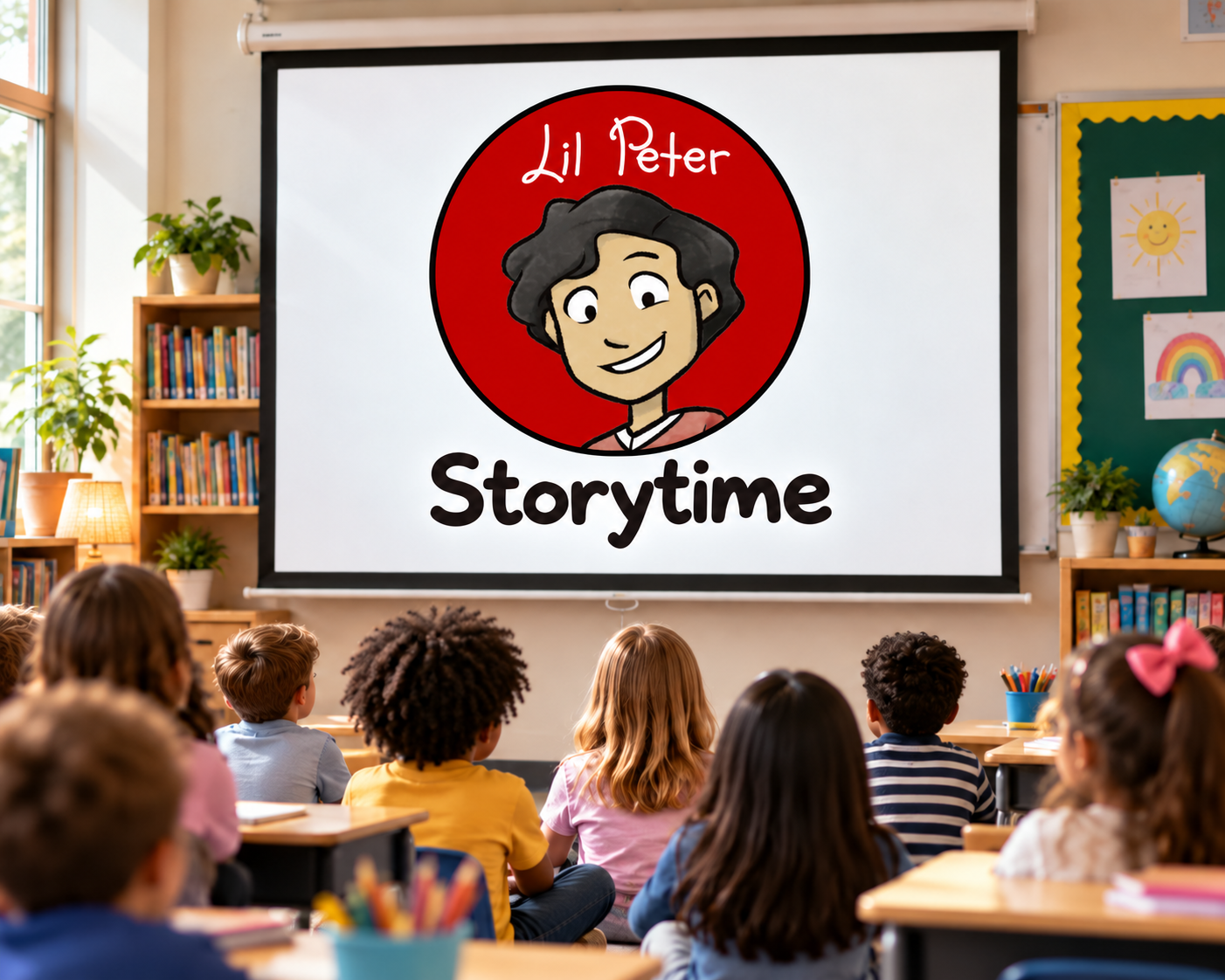 Elementary students watching a Lil Peter Storytime presentation on a classroom projection screen.