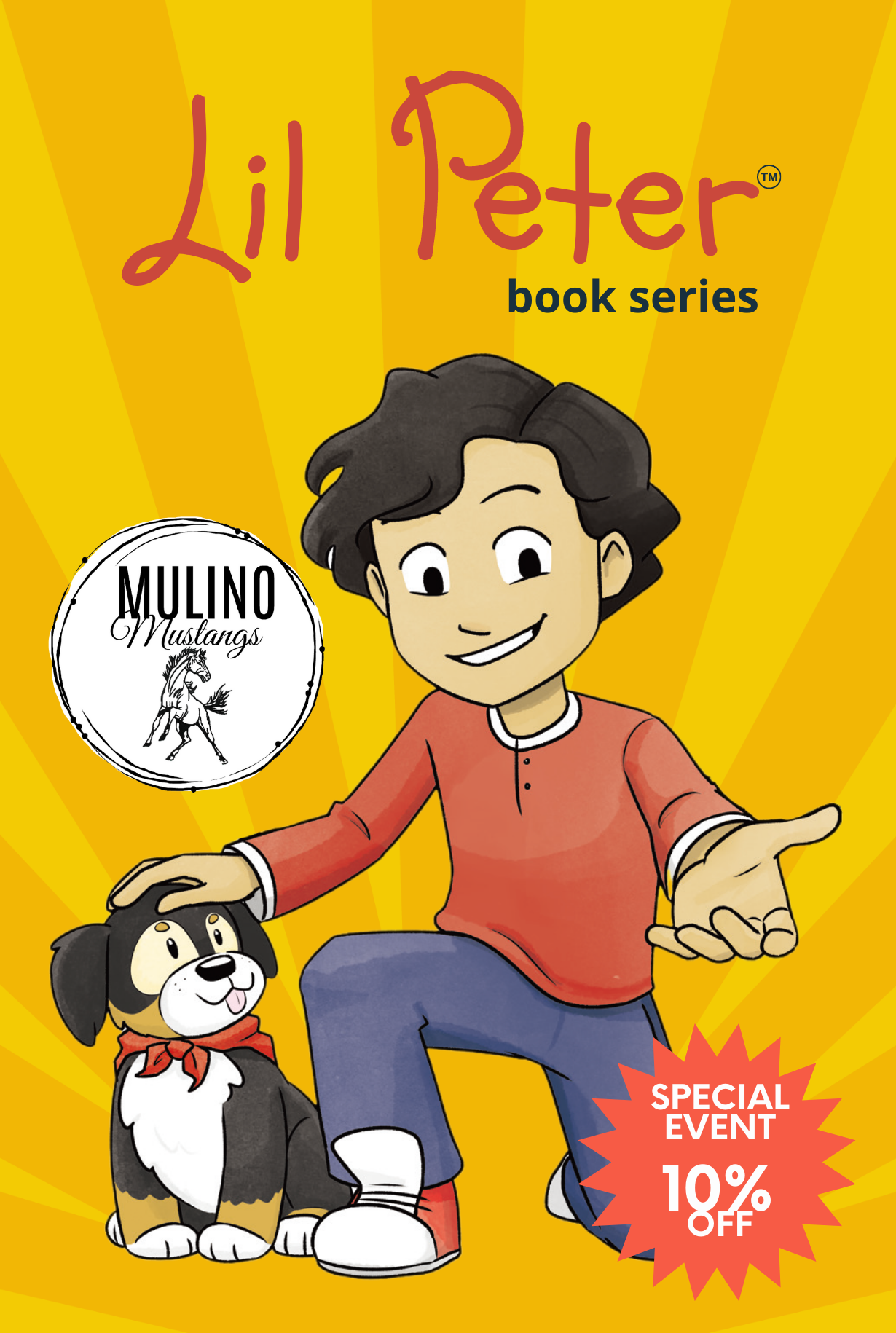 Lil Peter and his dog featured on a colorful Lil Peter book series promotional card for Mulino Mustangs, advertising a special event with 10% off.