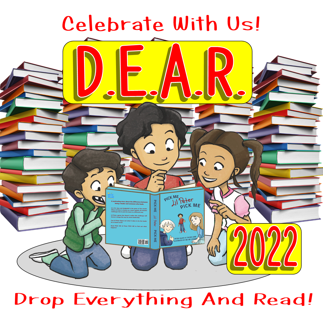 Colorful illustration of three children reading a book with piles of books in the background. The text reads "Celebrate With Us! D.E.A.R. 2022 Drop Everything And Read!" with the phrase "Drop Everything And Read!" at the bottom.