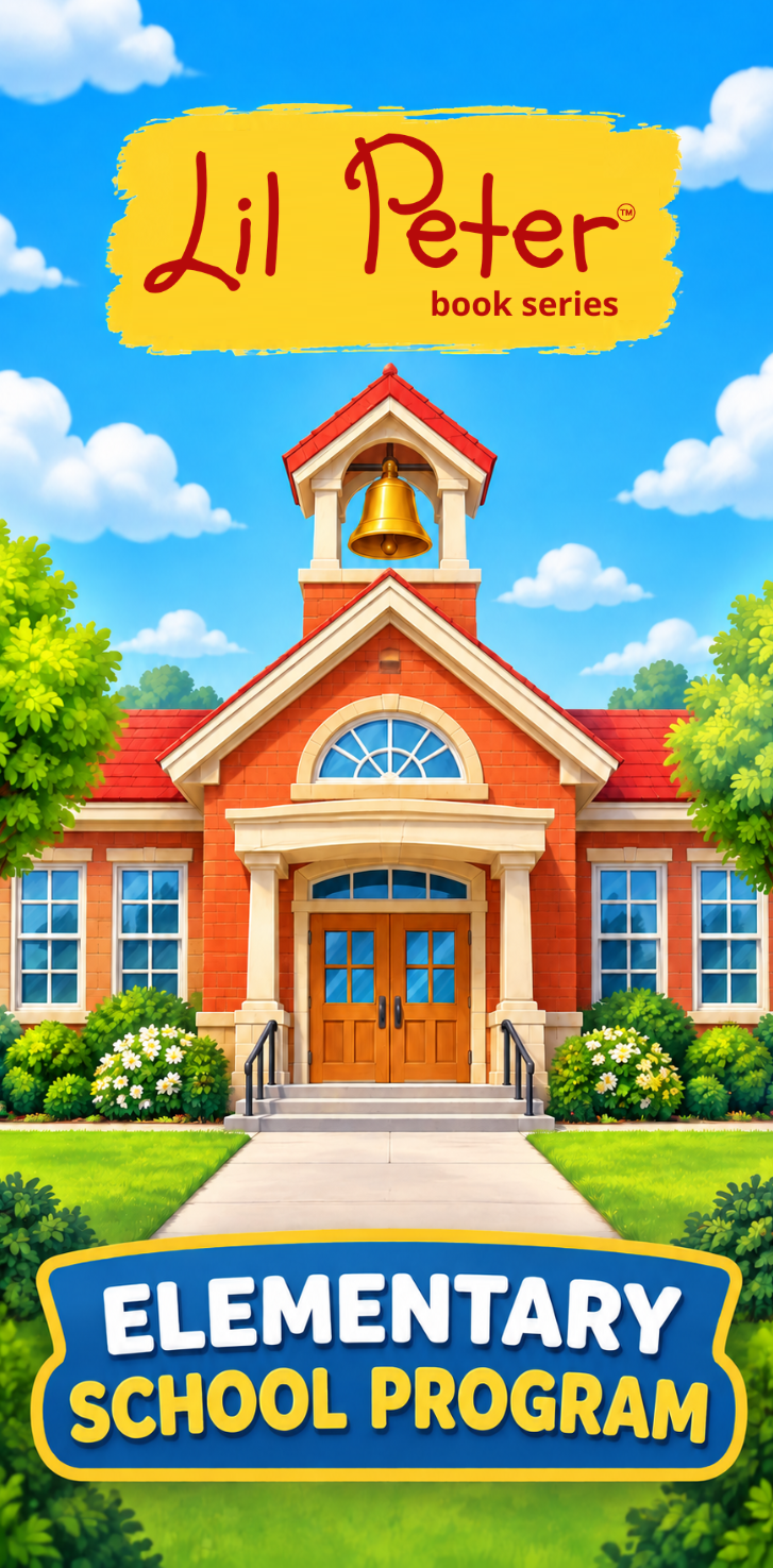 Cartoon elementary schoolhouse promoting the Lil Peter Books school-visit program.
