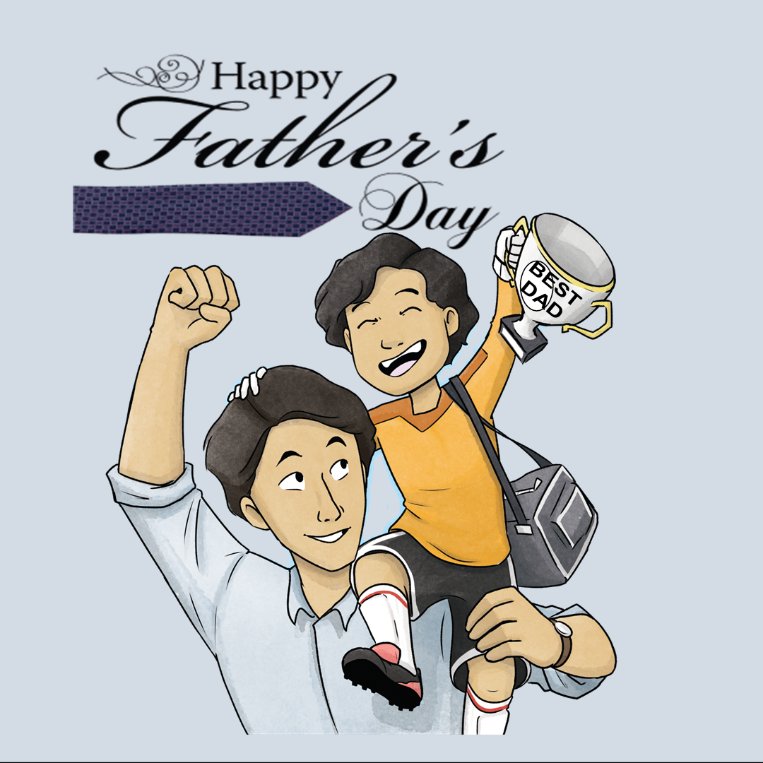 Lil Peter sitting on his father’s shoulders and holding a “Best Dad” trophy in a Happy Father’s Day illustration celebrating the bond between fathers and children in the Lil Peter children’s book series.