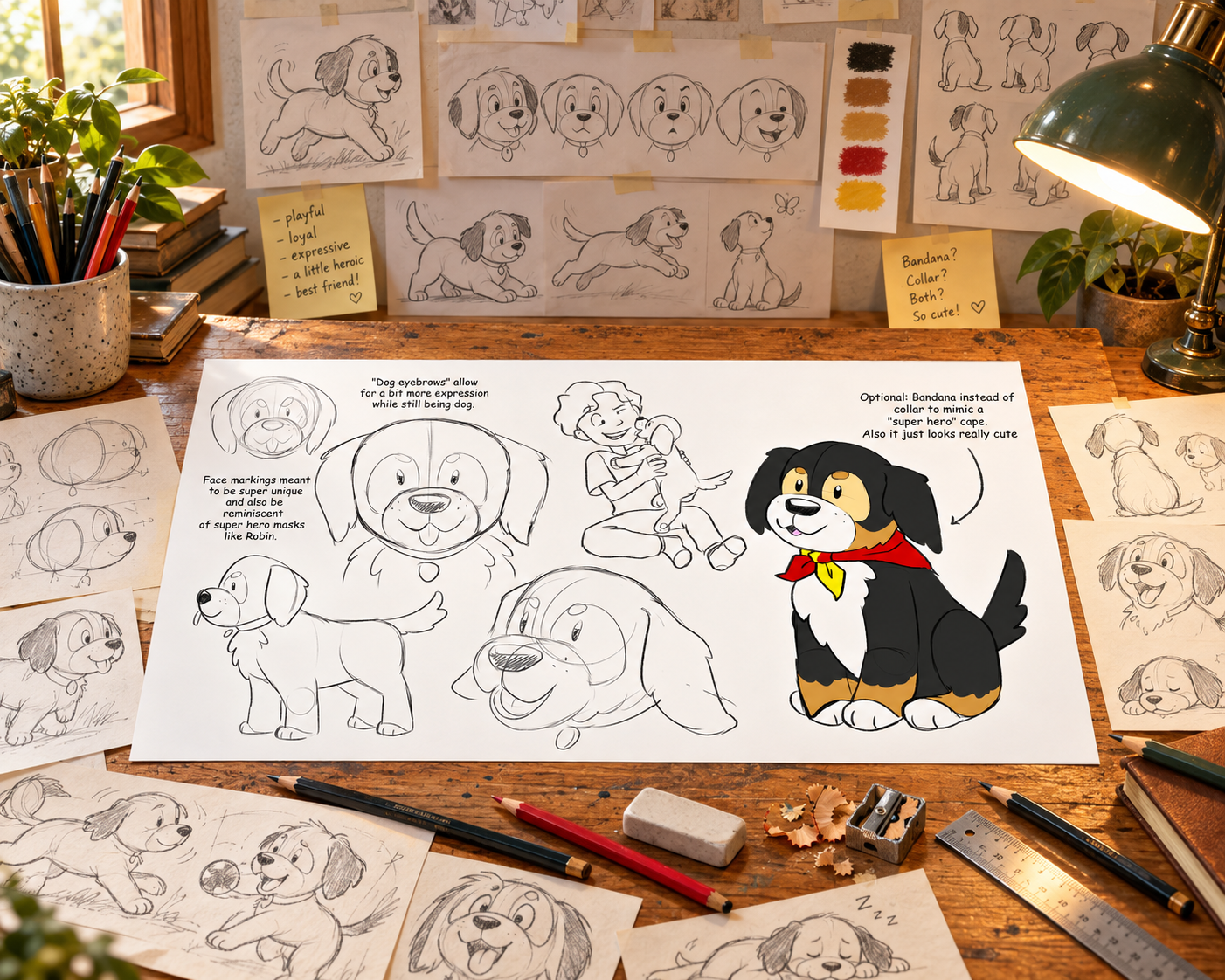 Lil Peter puppy "Hero" character sketches and story ideas displayed on an illustrator’s drawing table.