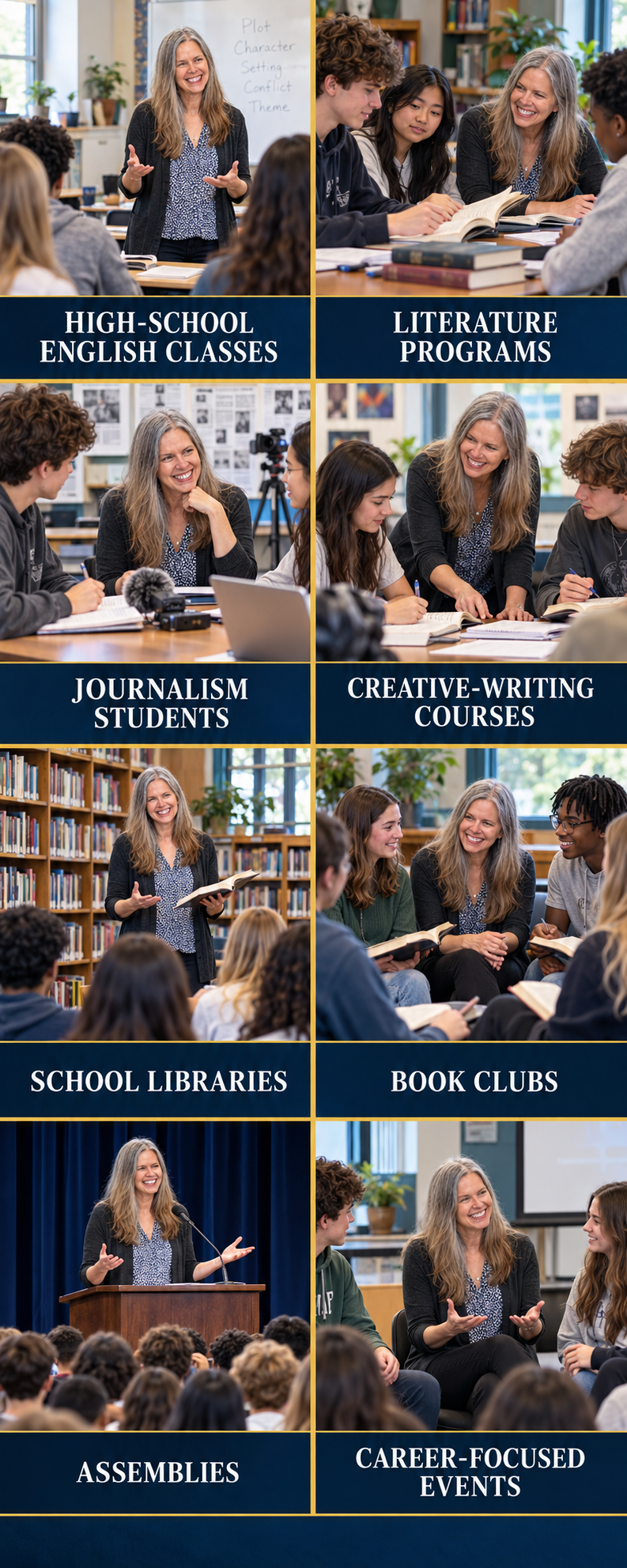 High-school author presentations for English classes, literature programs, journalism students, creative-writing courses, libraries, book clubs, assemblies, and career events.