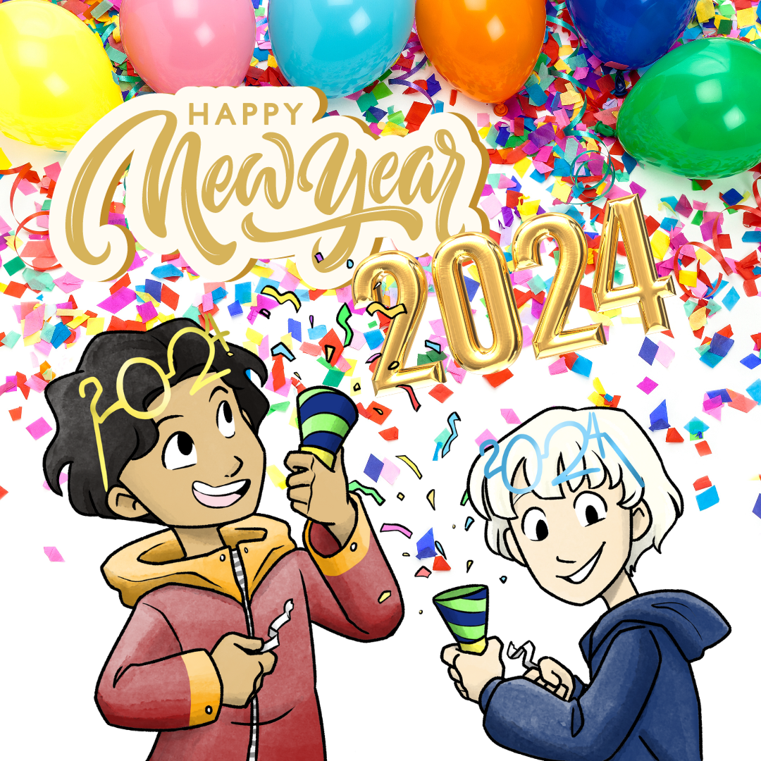 Lil Peter and friend Timmy celebrating New Year 2024 with party horns, colorful confetti, balloons, and festive Happy New Year decorations.