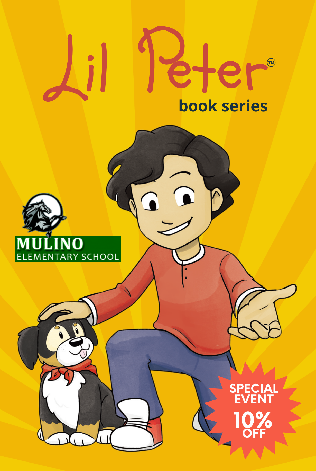 Lil Peter school-event flyer featuring Peter and Marty with a special event book discount.