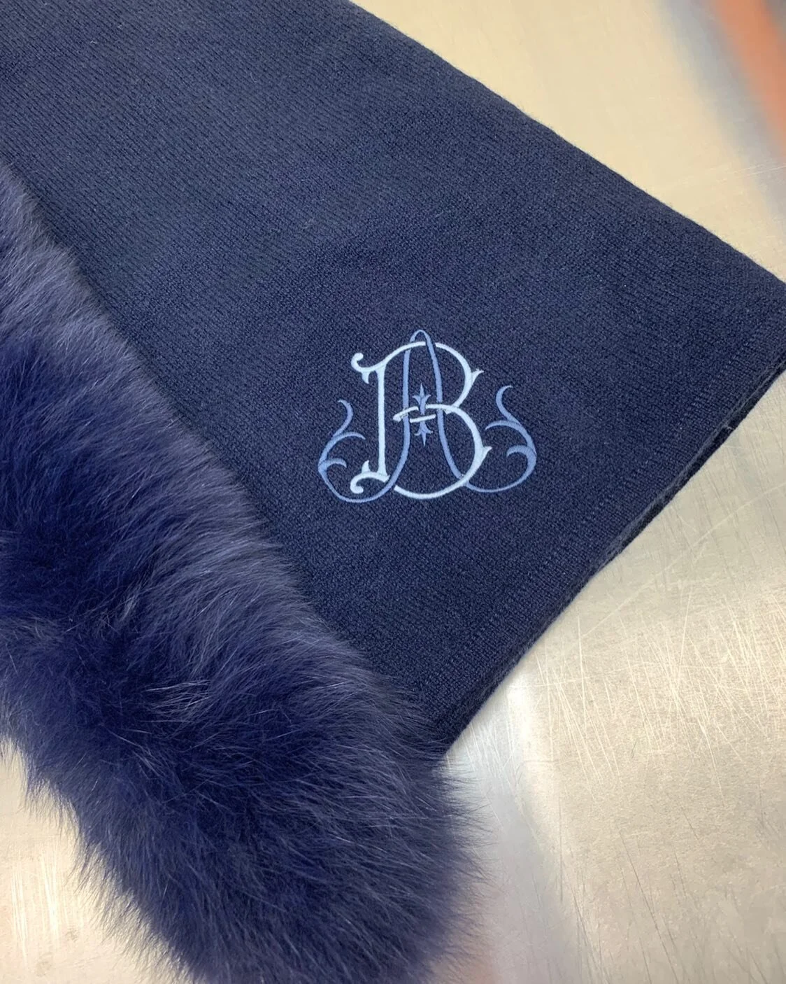 Our cashmere pashmina with dyed fox trim, featuring our Duttenhoffer monogram&hellip; gorgeous! #cashmere #livebeautifully #duttenhoffer #livelovelocal #justaddembroidery
