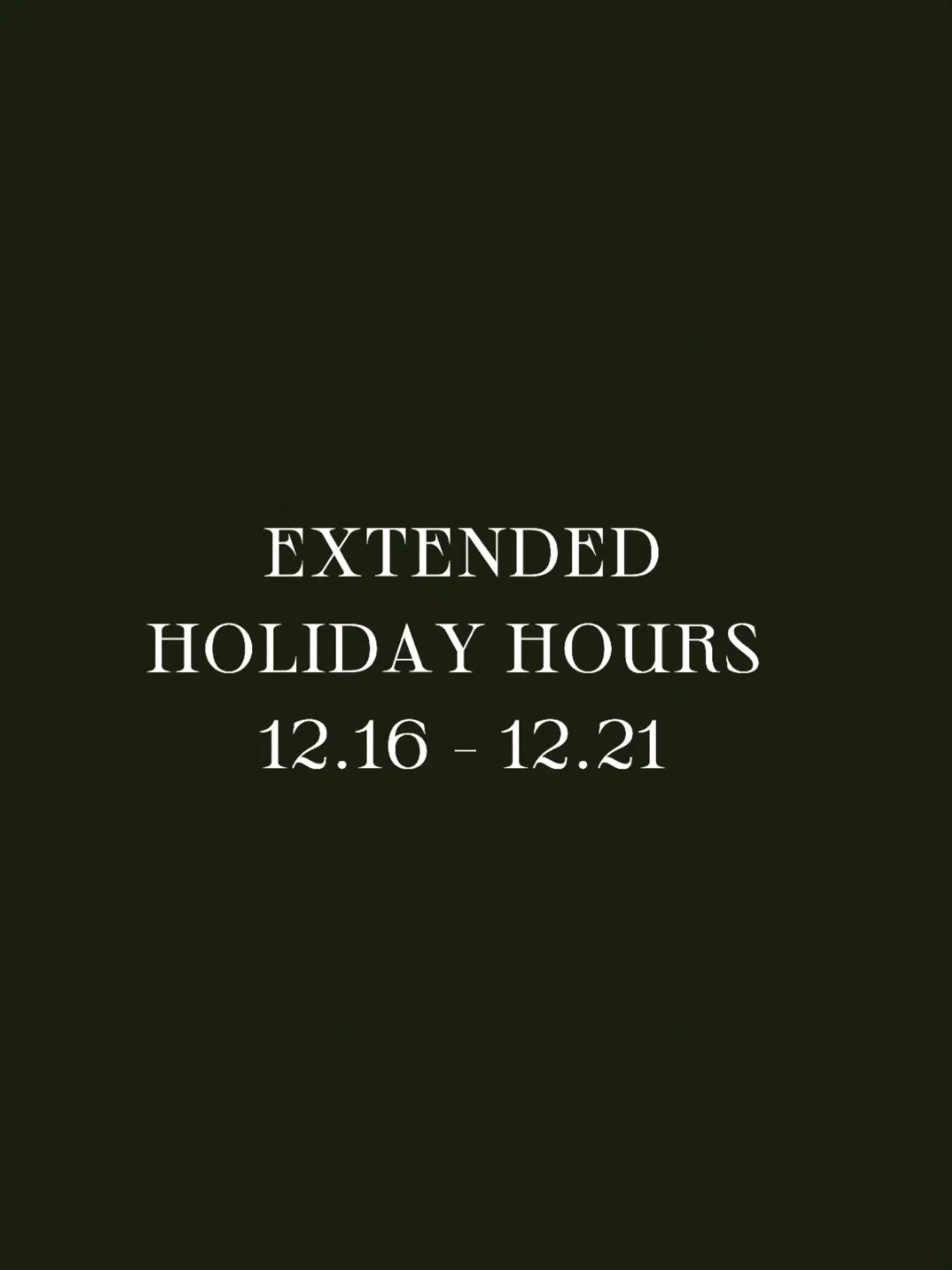 extended hours this week AND...

40% off holiday home &amp; greenery* this week 12.16 - 12.21

PLUS...

20% off everyday items*
50% off the workshop t-shirts

*exclusions:
&bull;lemars tees
&bull;furniture
&bull;ranger station
&bull;bag discount does