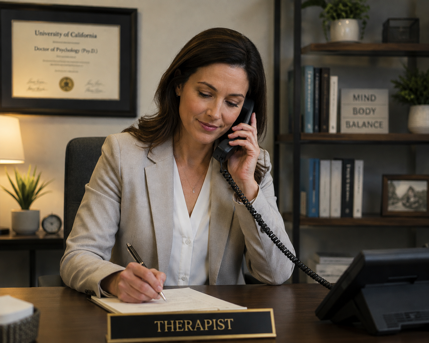 Therapist speaking with a client on the phone in a professional therapy office