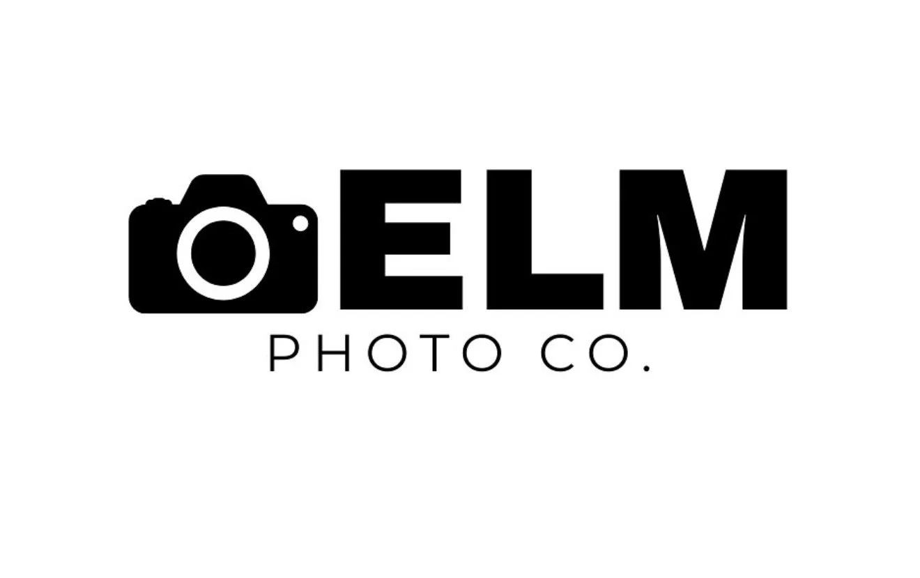Logo for ELM Photo Co., with a camera icon replacing the letter 'O' in 'ELM' on a white background.