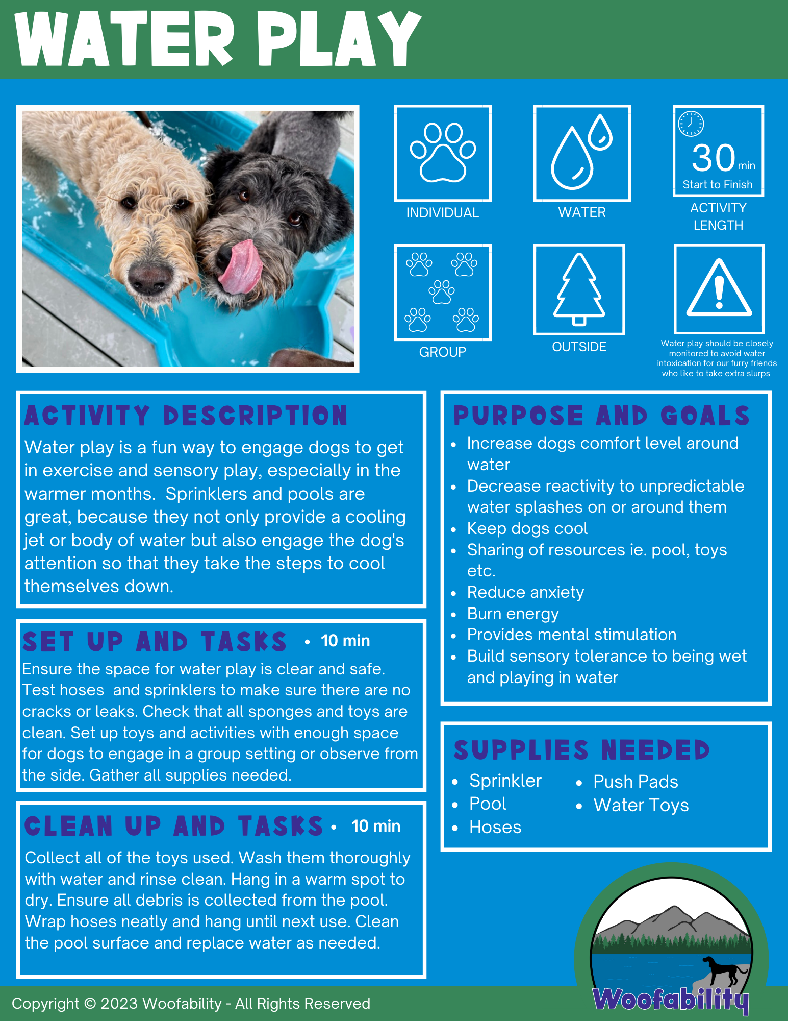 Instructional poster about water play for dogs showing a photo of two dogs in a pool, icons for individual, water, group, outside, and activity length, with sections describing activity, setup, cleanup, supplies needed, and purpose.